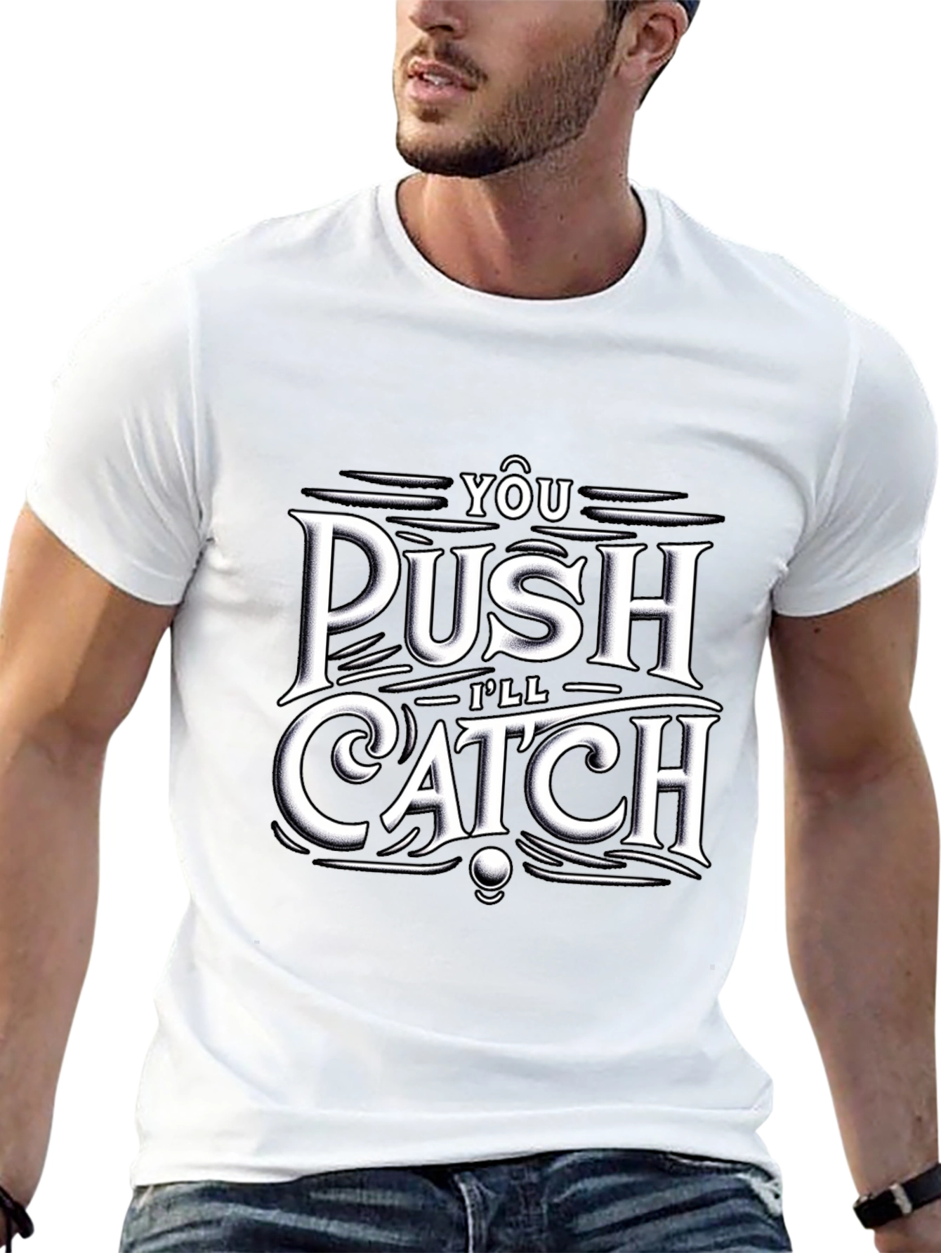 Push Catch Graphic Tee - Trendy Black T-Shirt