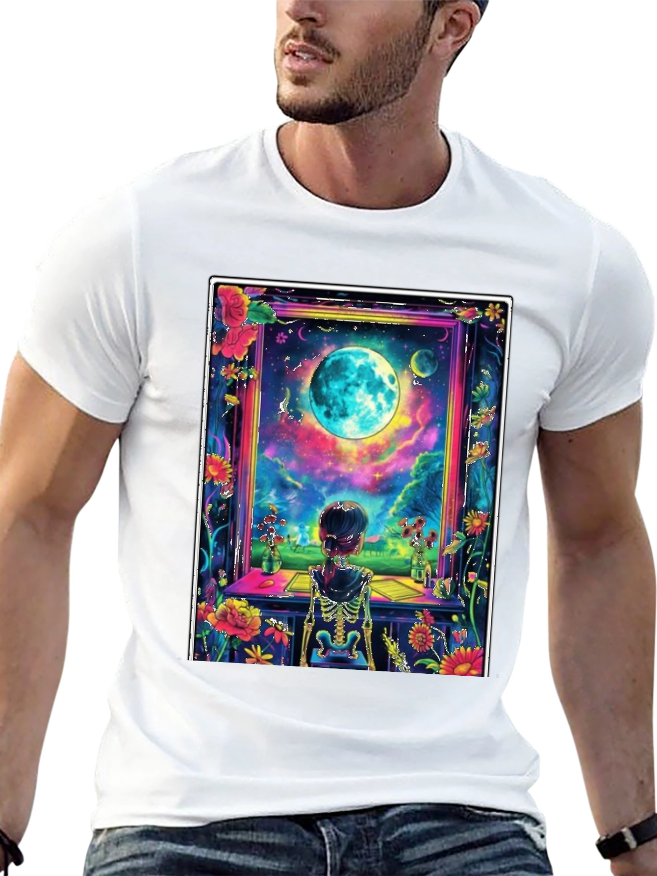 Floral Moon Window Skeleton Graphic Tee