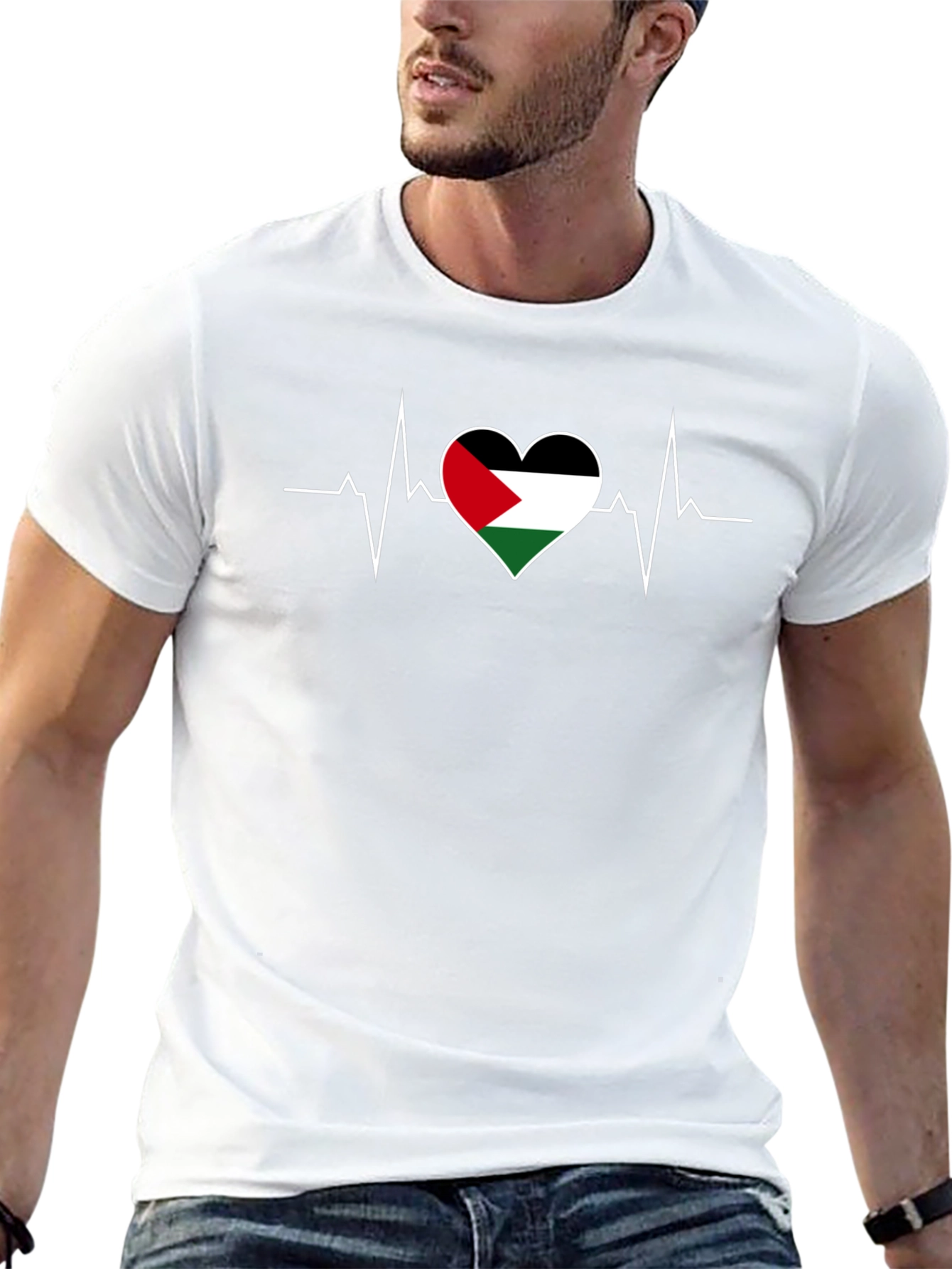 Palestine Flag Heartbeat T-Shirt - Black