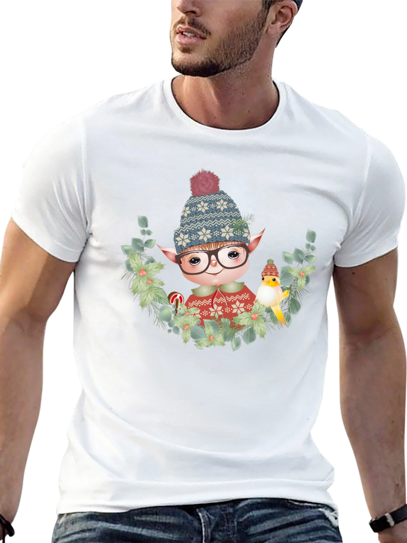 Festive Elf Graphic T-Shirt - Holiday Cheer