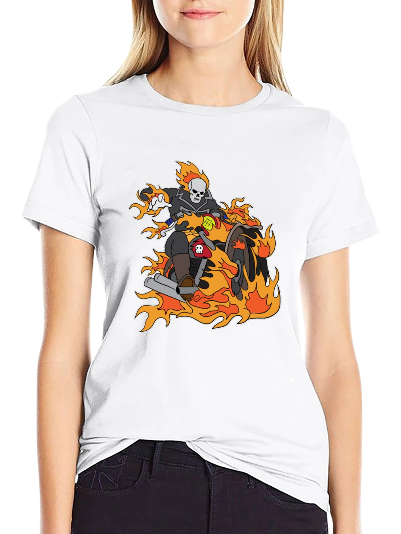 Ghost Rider Cartoon T-Shirt - Flaming Bike Design