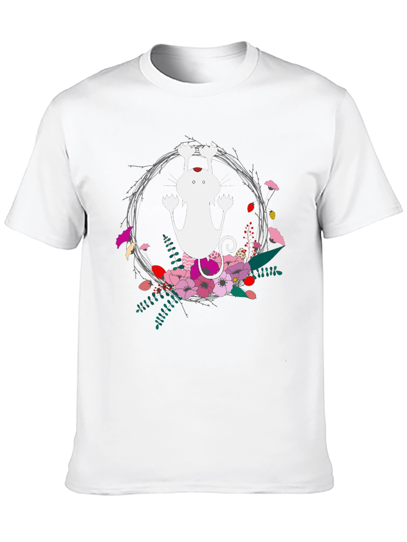 Cute Cat Floral Wreath Black T-Shirt