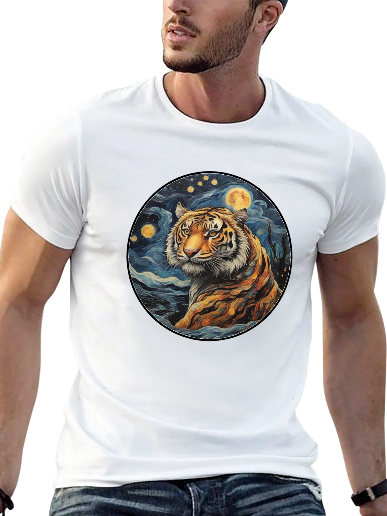 Tiger Starry Night Graphic Tee - Black Cotton