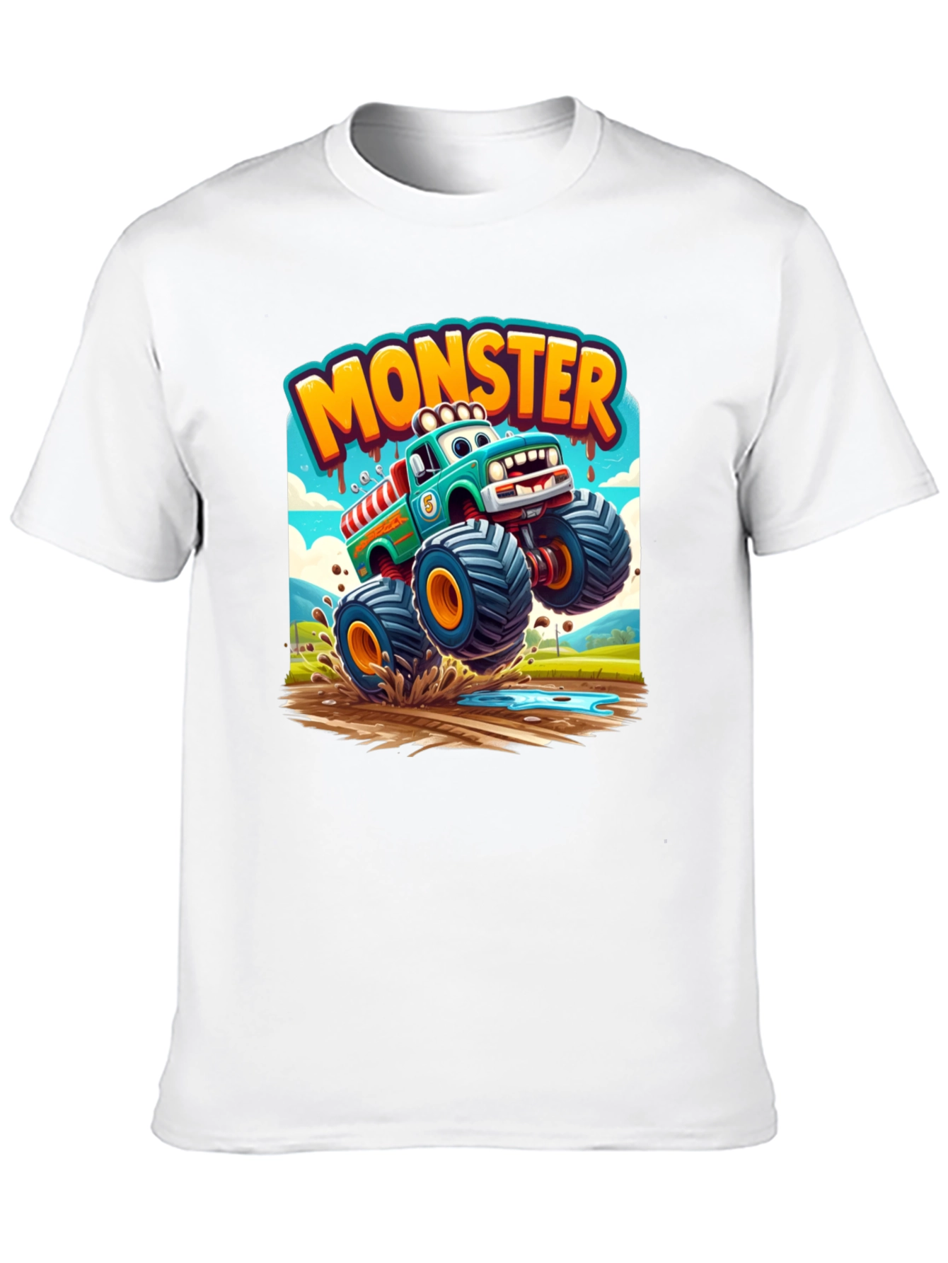 Monster Truck Cartoon Graphic Print Black T-Shirt