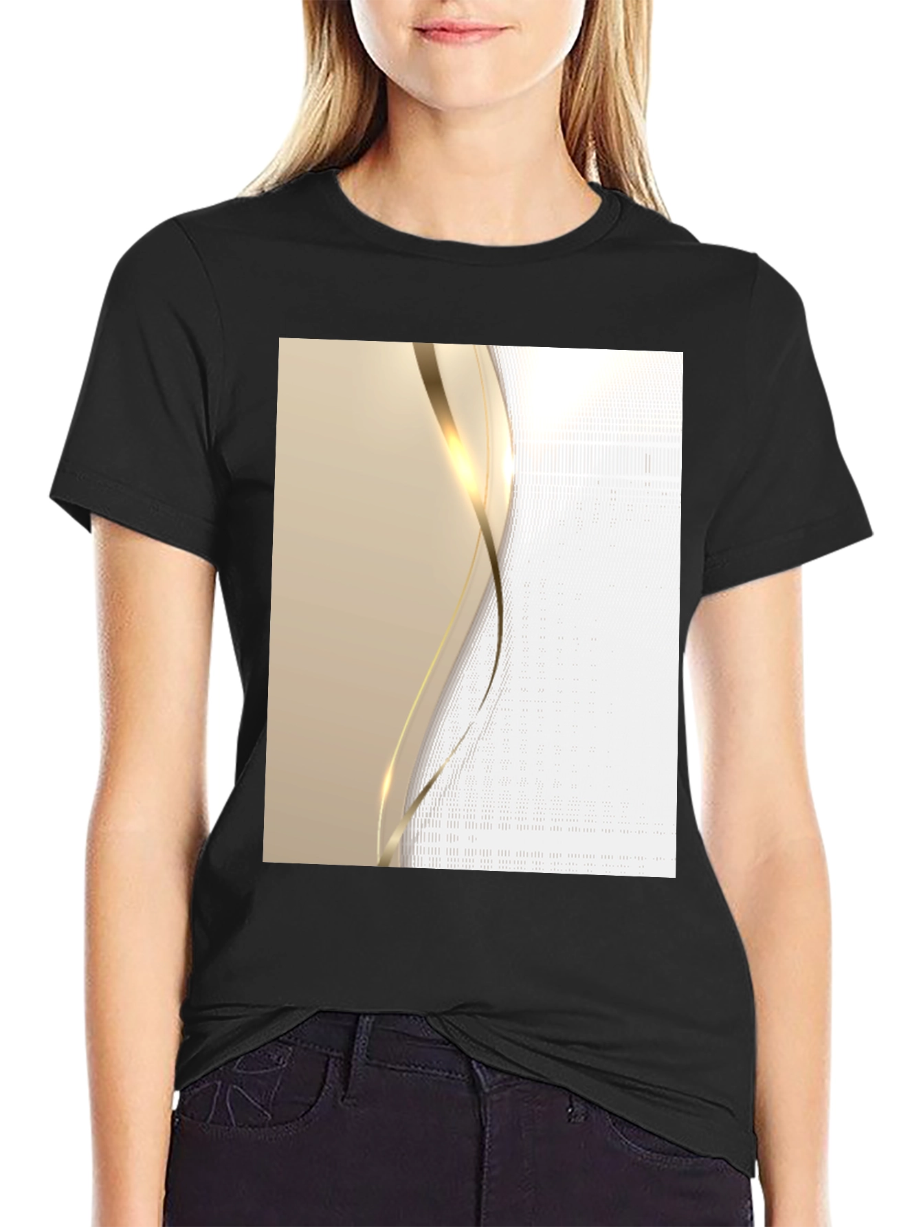 Elegant Black T-Shirt with Gold Wave Design