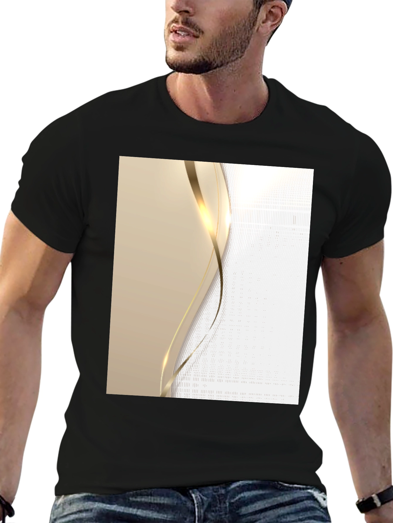 Elegant Black T-Shirt with Gold Wave Design