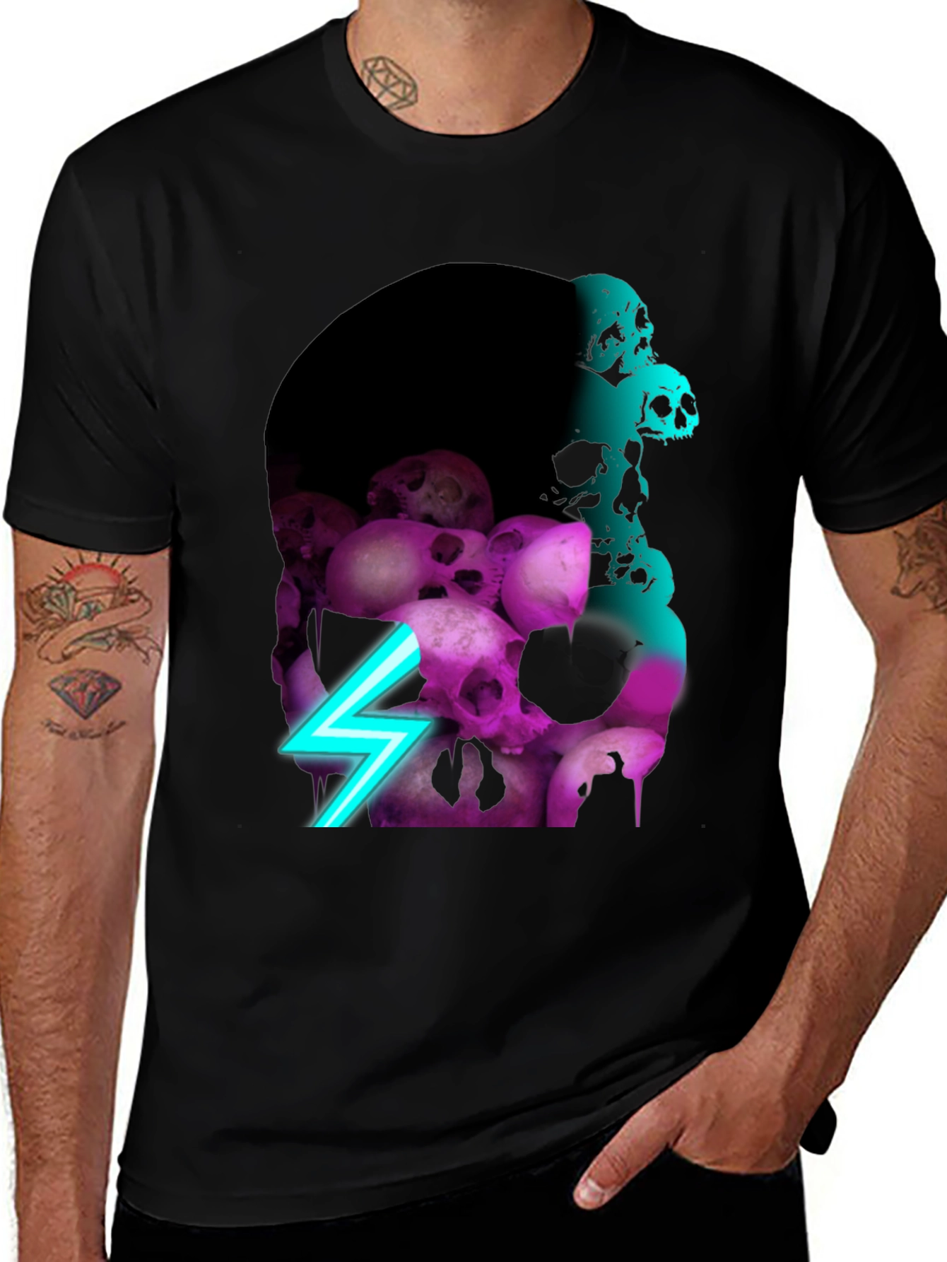 Skull Pile Graphic Tee - Neon Lightning Bolt Design