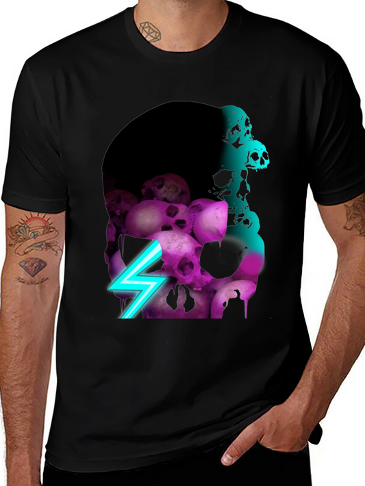 Skull Pile Graphic Tee - Neon Lightning Bolt Design