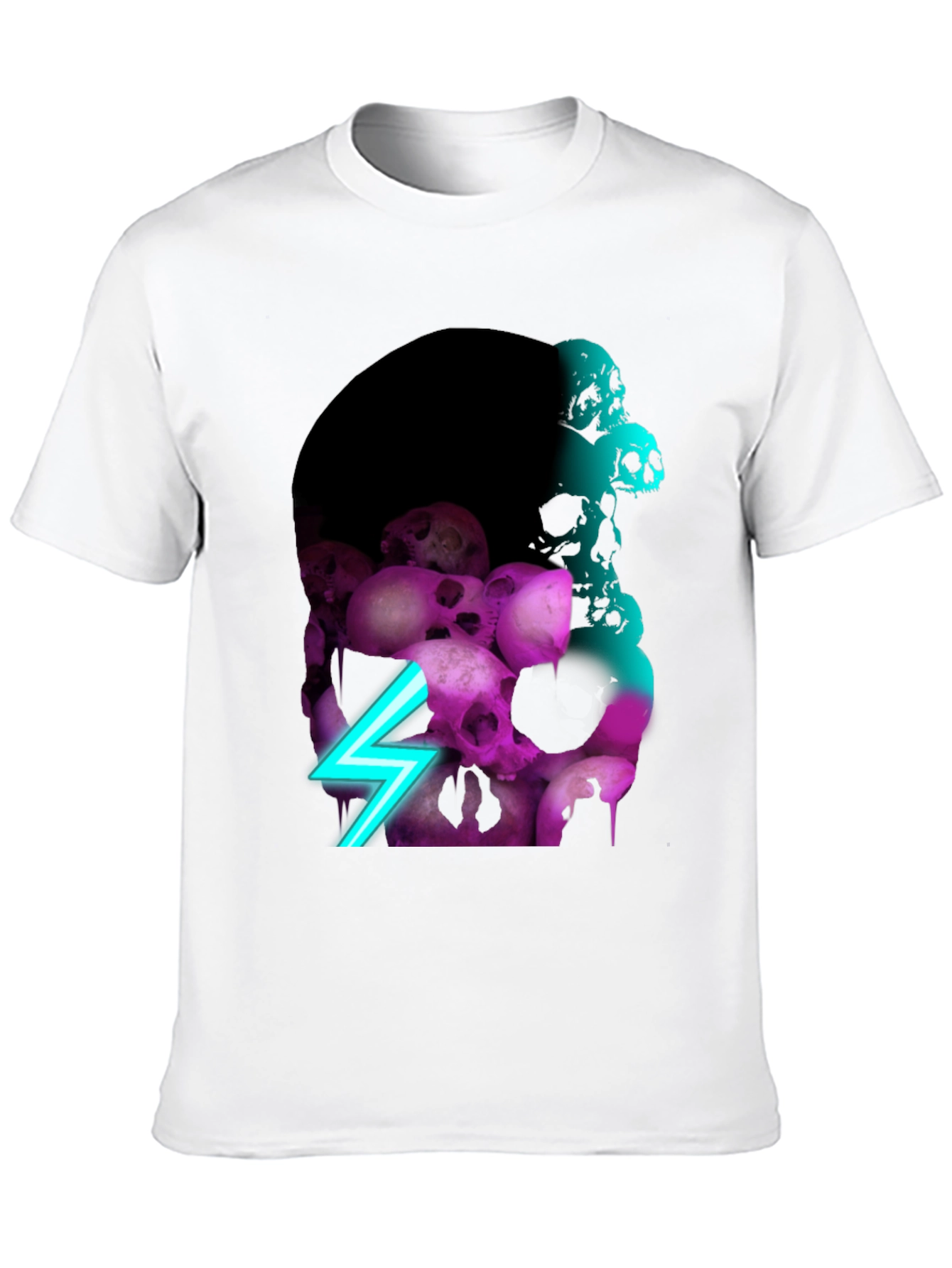 Skull Pile Graphic Tee - Neon Lightning Bolt Design