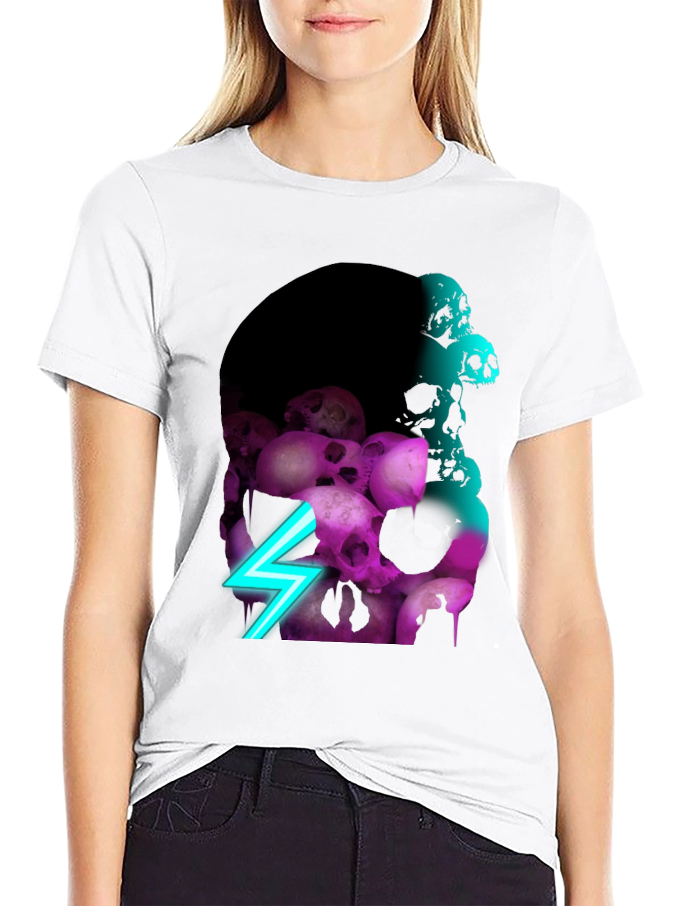 Skull Pile Graphic Tee - Neon Lightning Bolt Design