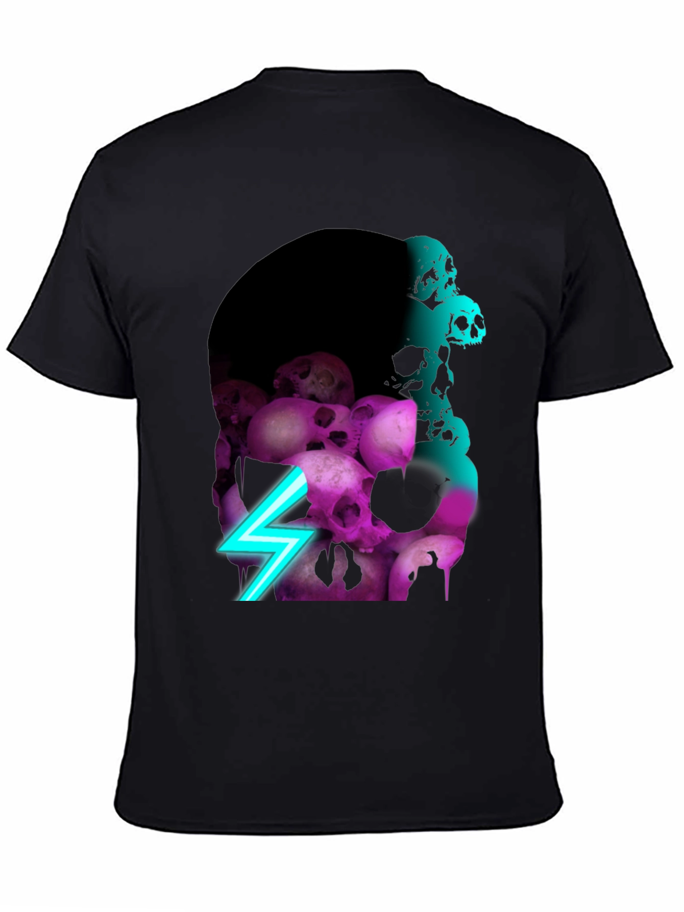 Skull Pile Graphic Tee - Neon Lightning Bolt Design