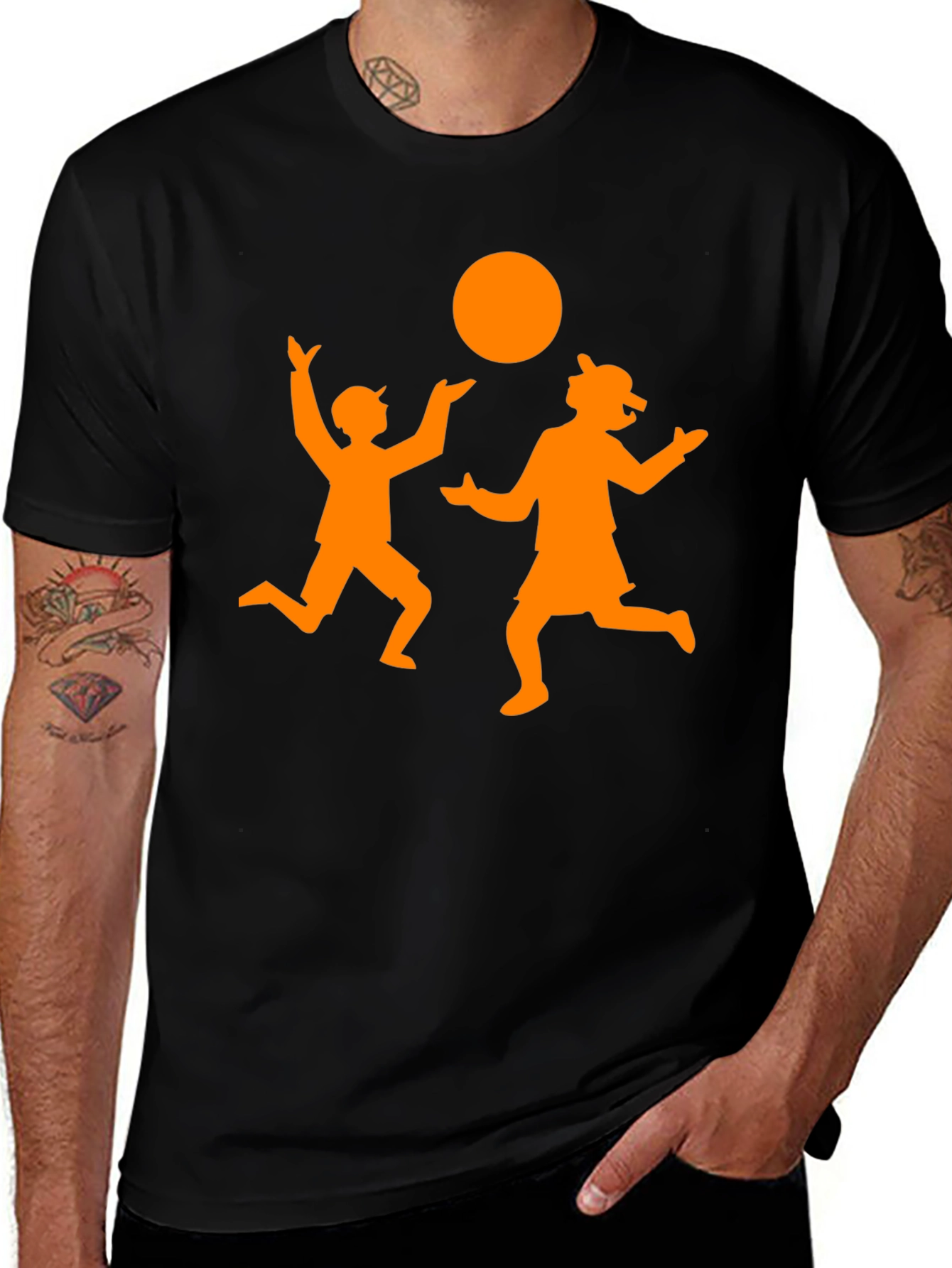 Orange Silhouette Kids Playing on Black Tee