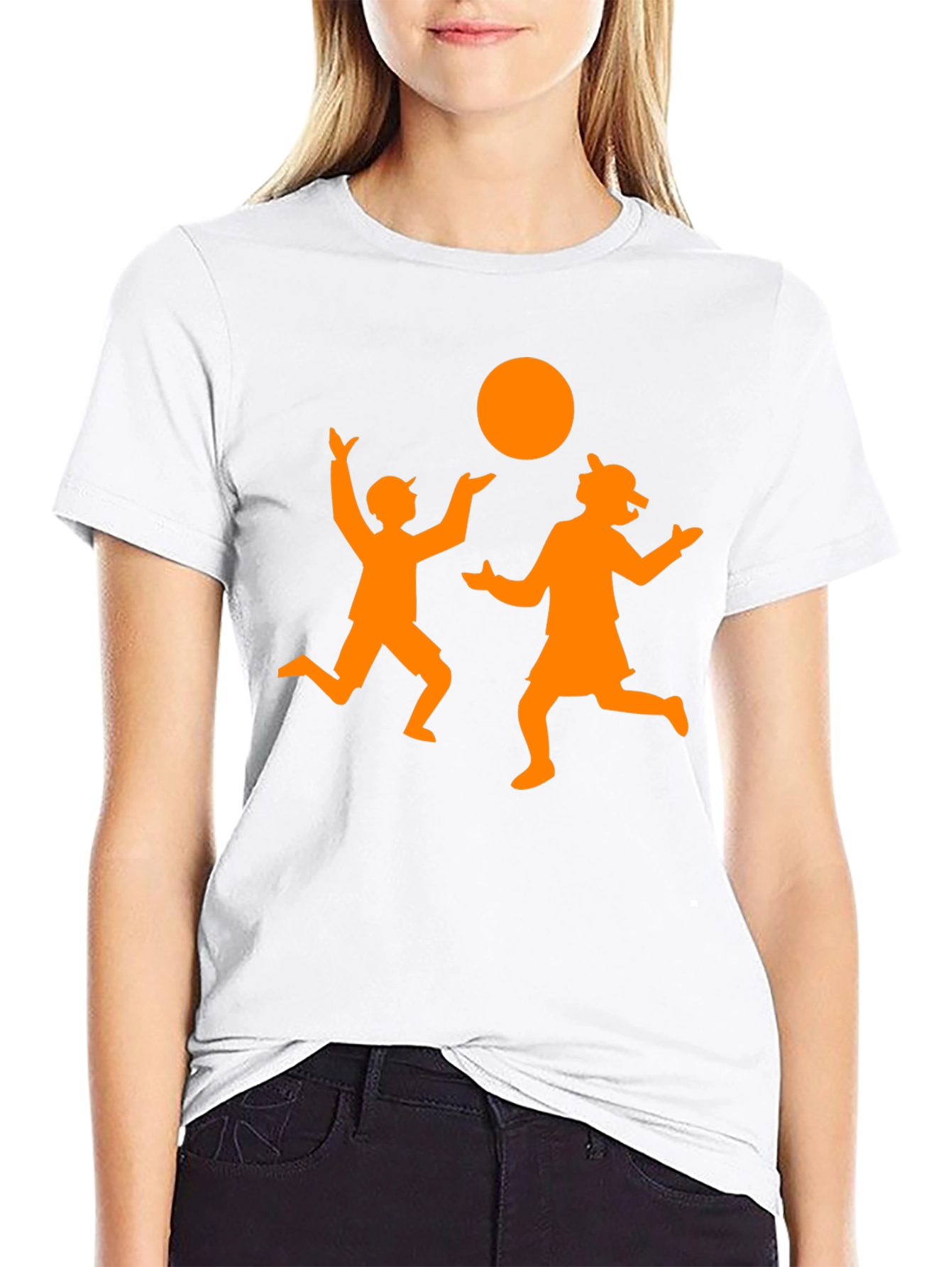 Orange Silhouette Kids Playing on Black Tee