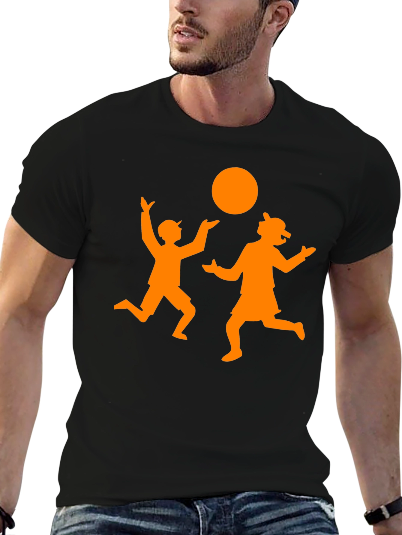 Orange Silhouette Kids Playing on Black Tee