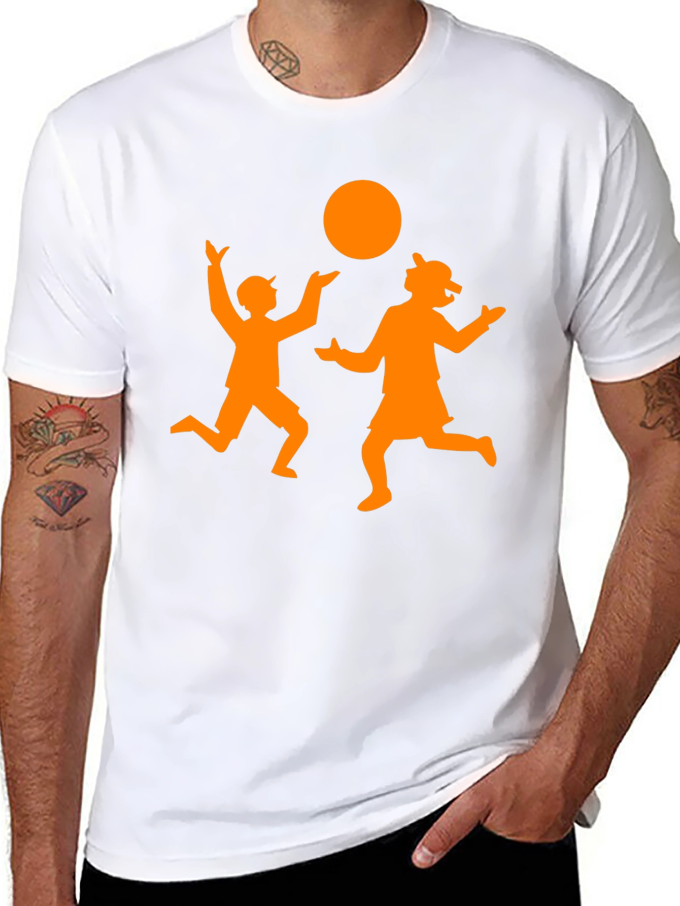 Orange Silhouette Kids Playing on Black Tee