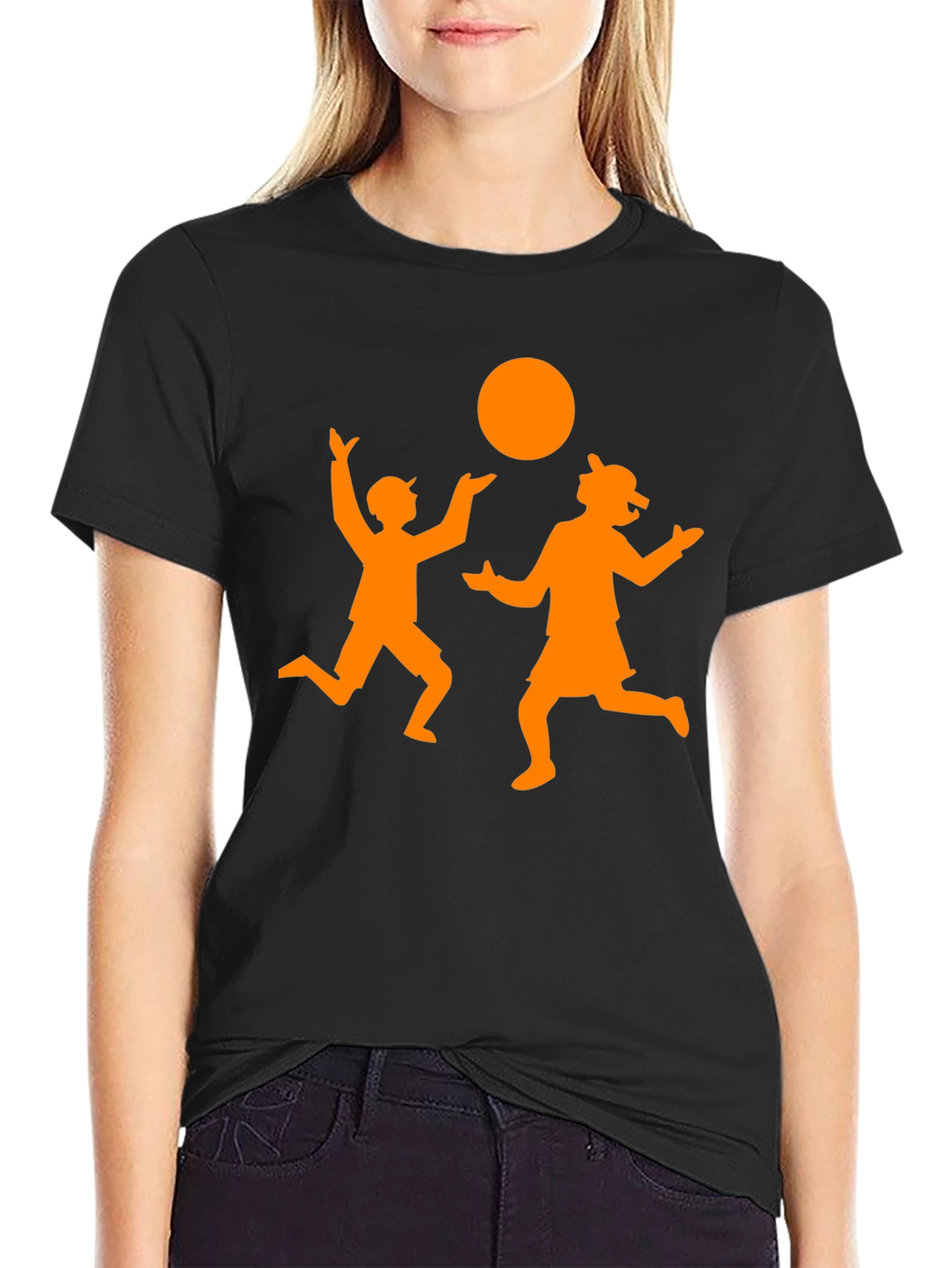 Orange Silhouette Kids Playing on Black Tee