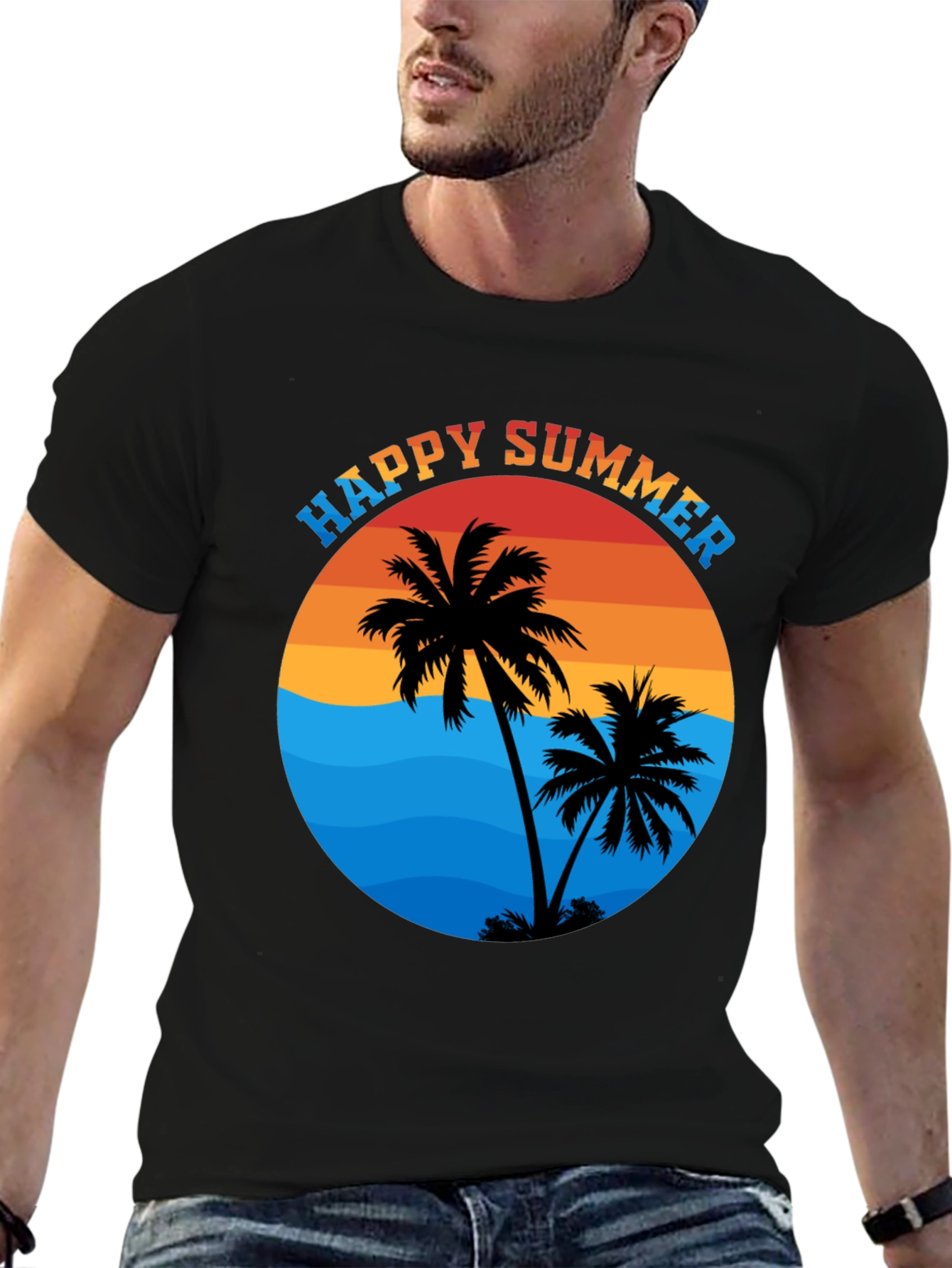 Happy Summer Palm Tree Graphic T-Shirt