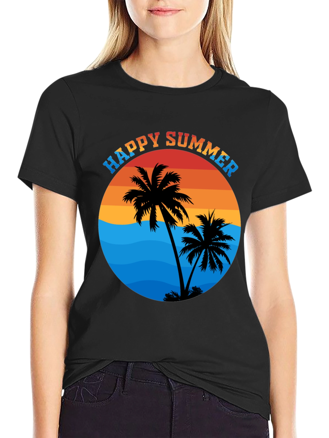 Happy Summer Palm Tree Graphic T-Shirt