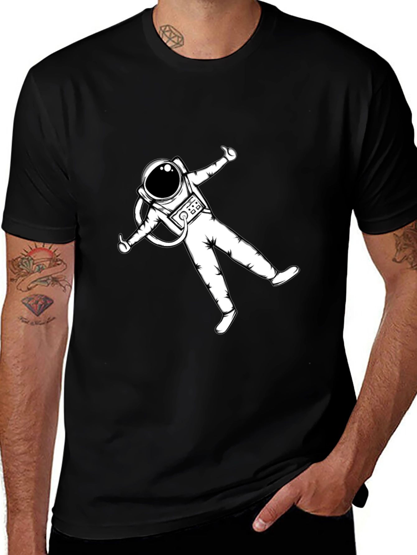 Astronaut Graphic Tee - Black Cotton Blend Casual T-Shirt