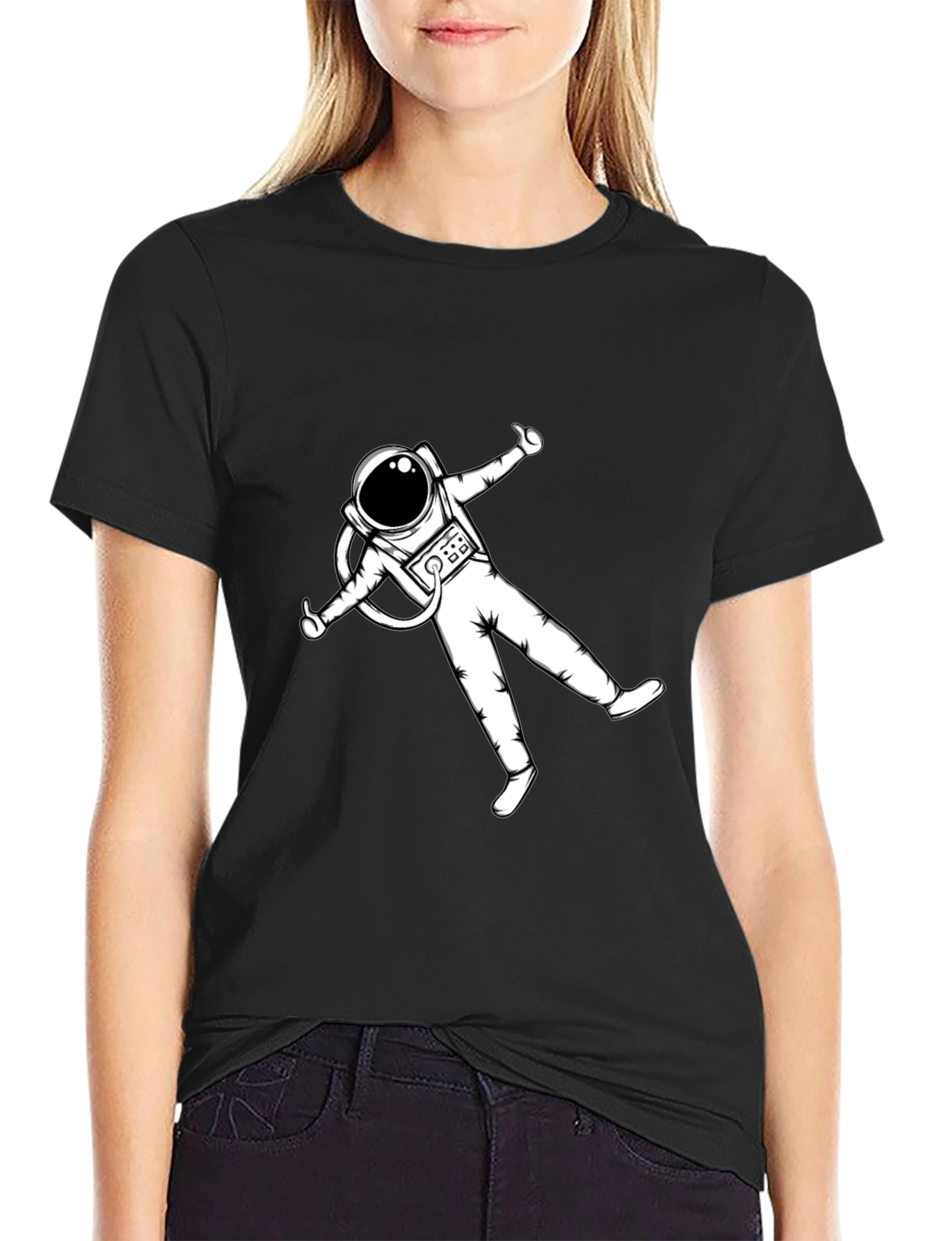 Astronaut Graphic Tee - Black Cotton Blend Casual T-Shirt