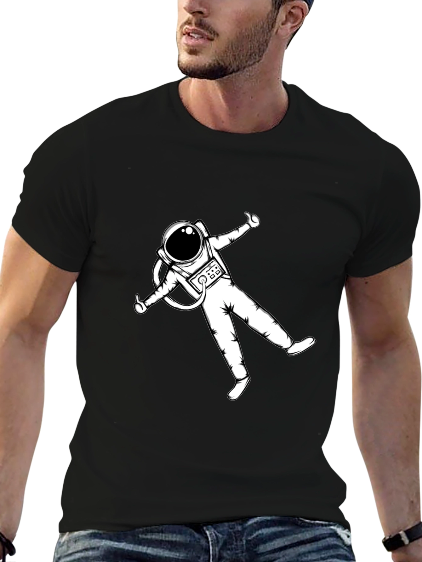 Astronaut Graphic Tee - Black Cotton Blend Casual T-Shirt