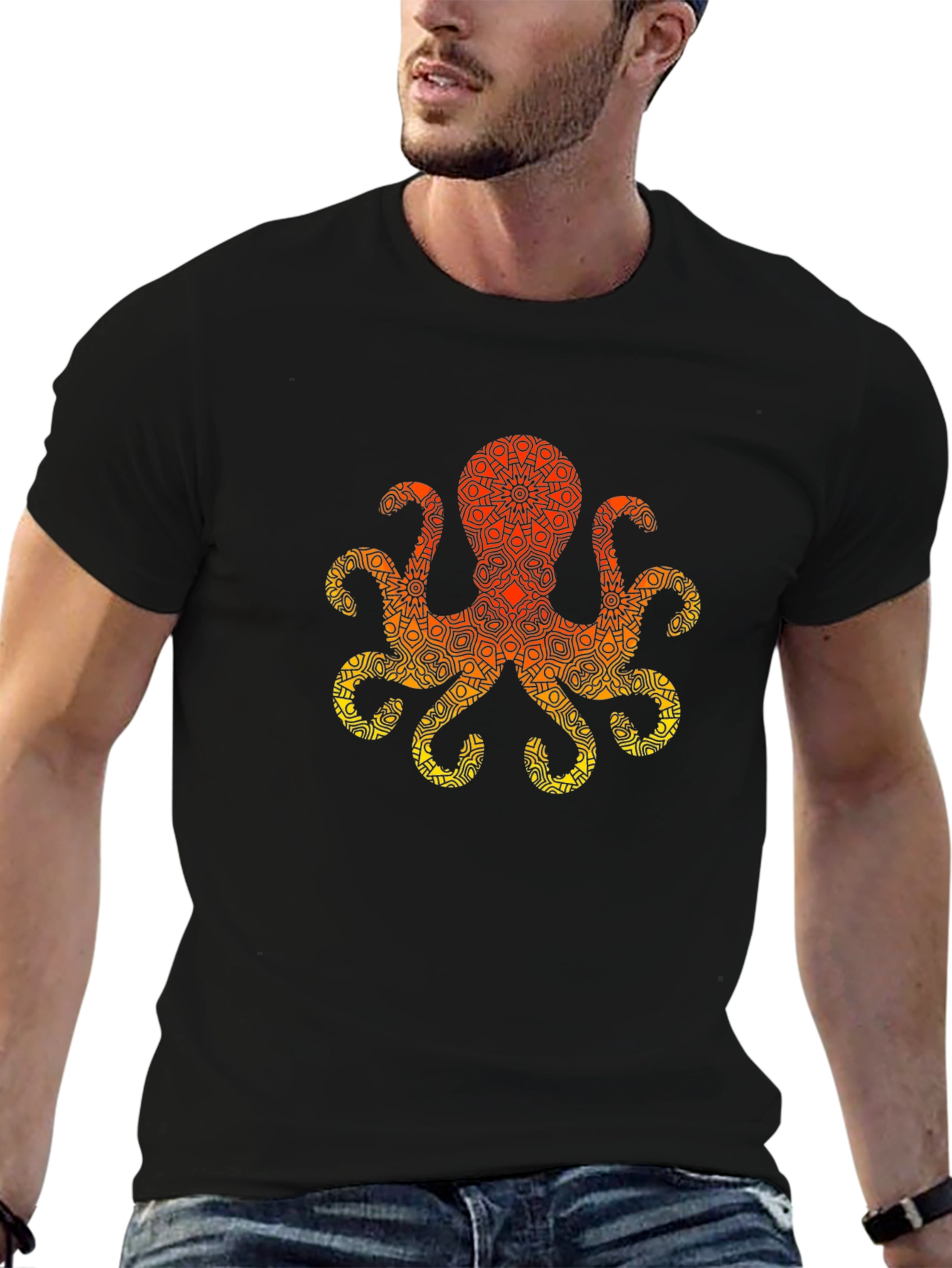 Geometric Octopus Graphic Tee - Black
