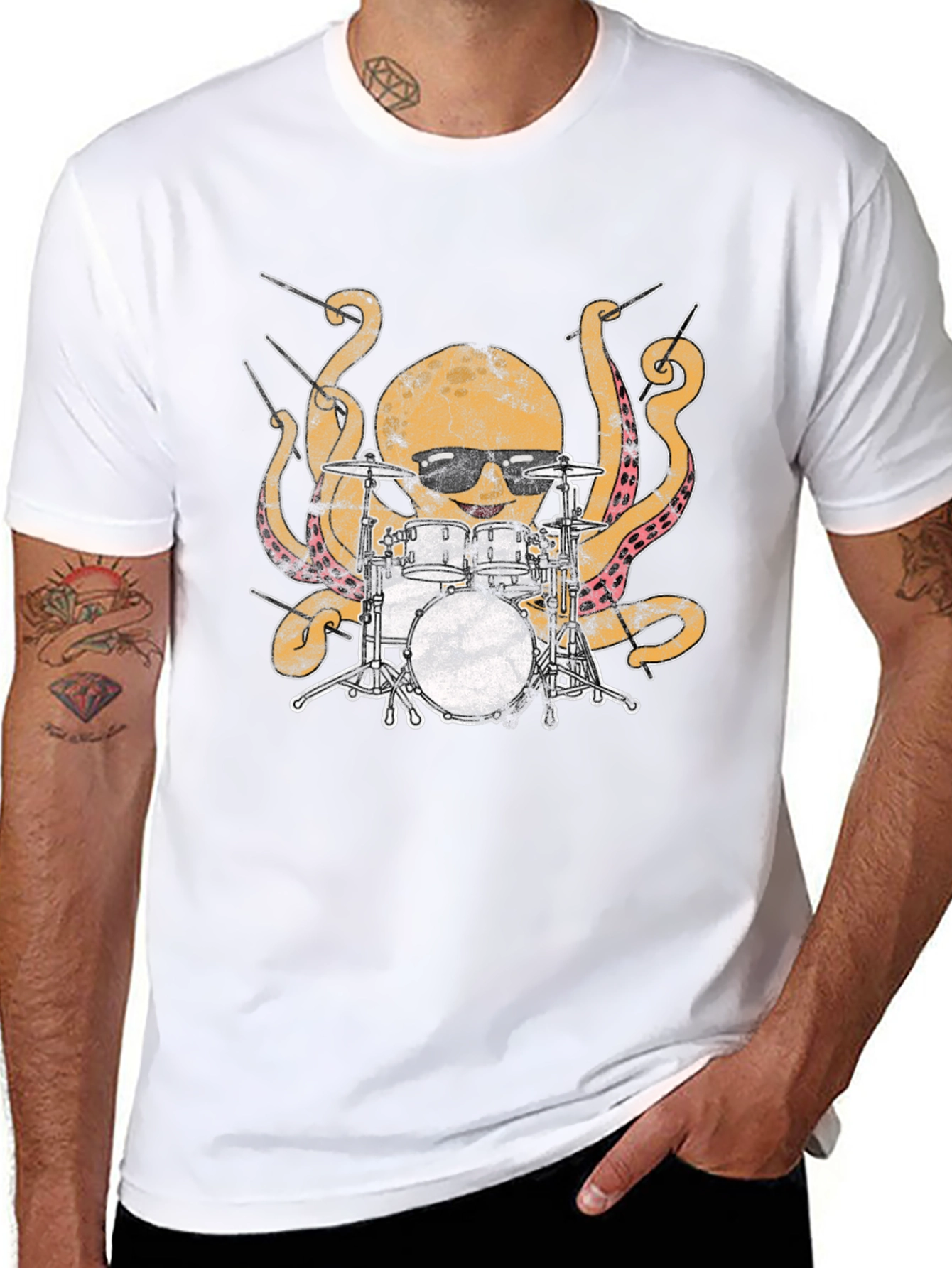 Octopus Drummer Graphic T-Shirt - Black