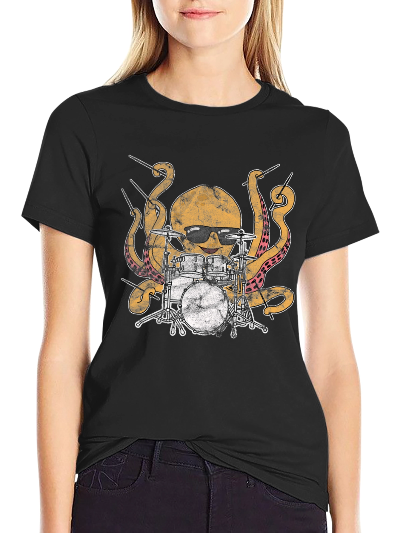 Octopus Drummer Graphic T-Shirt - Black