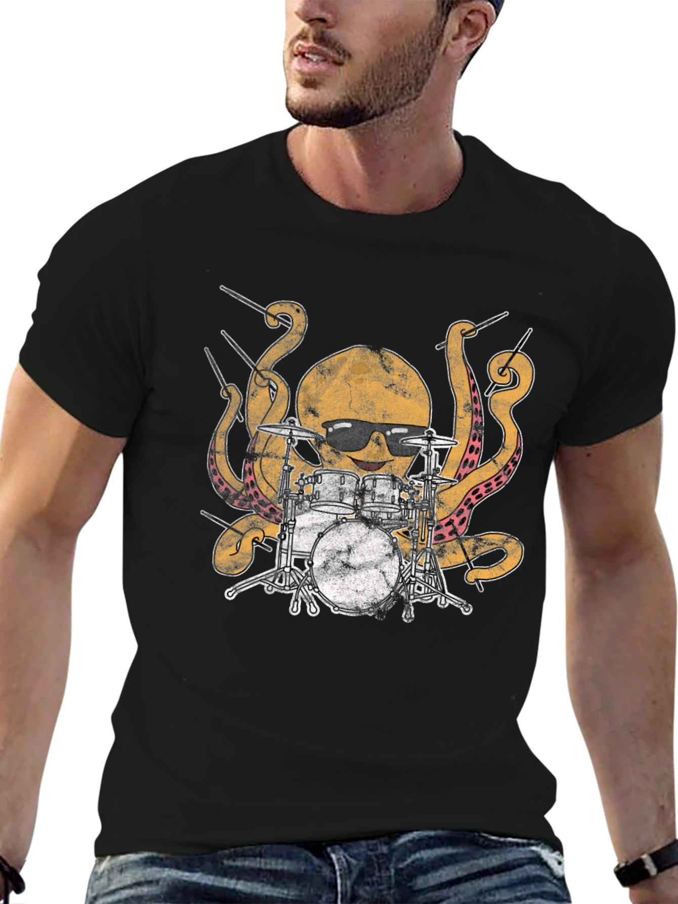 Octopus Drummer Graphic T-Shirt - Black