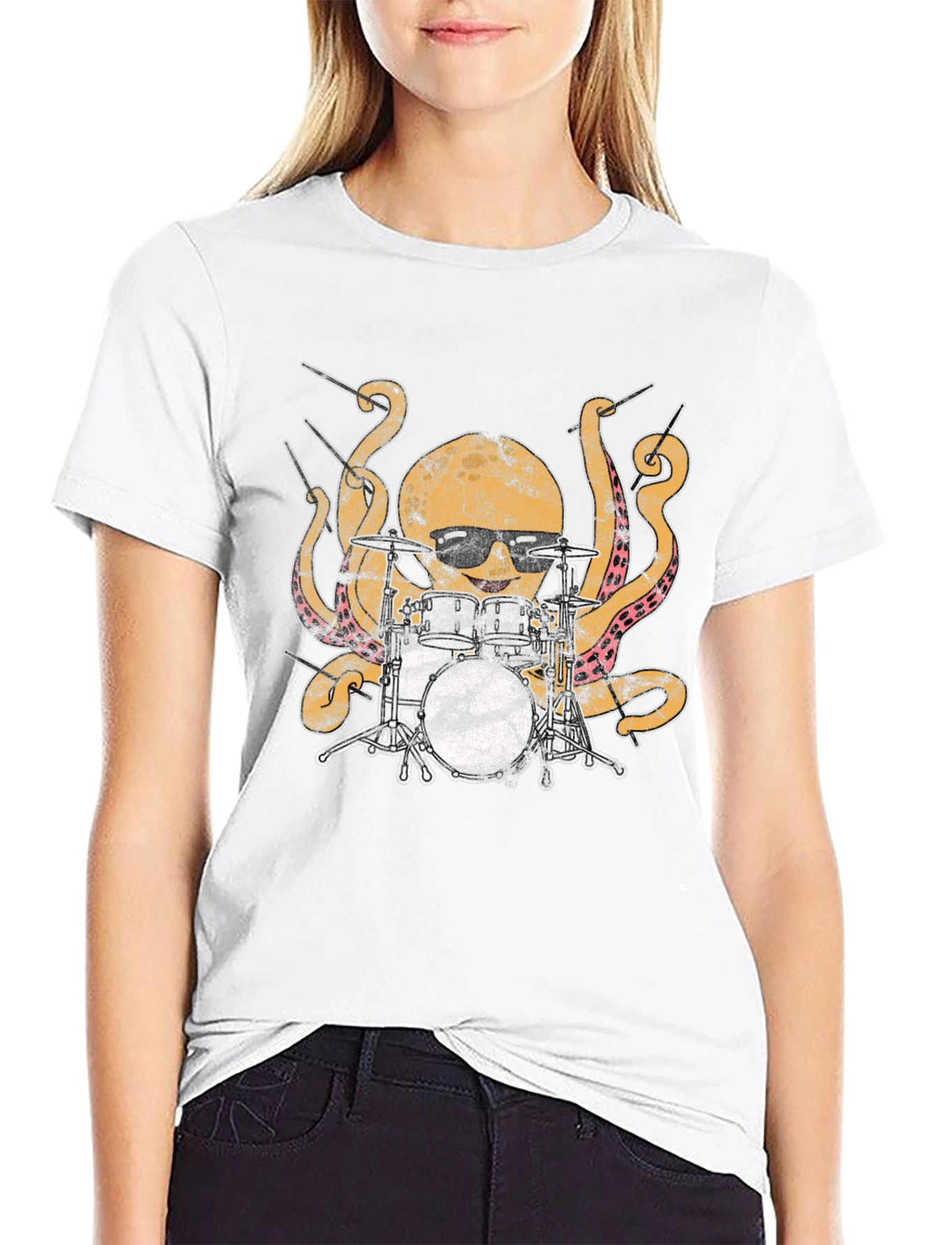Octopus Drummer Graphic T-Shirt - Black