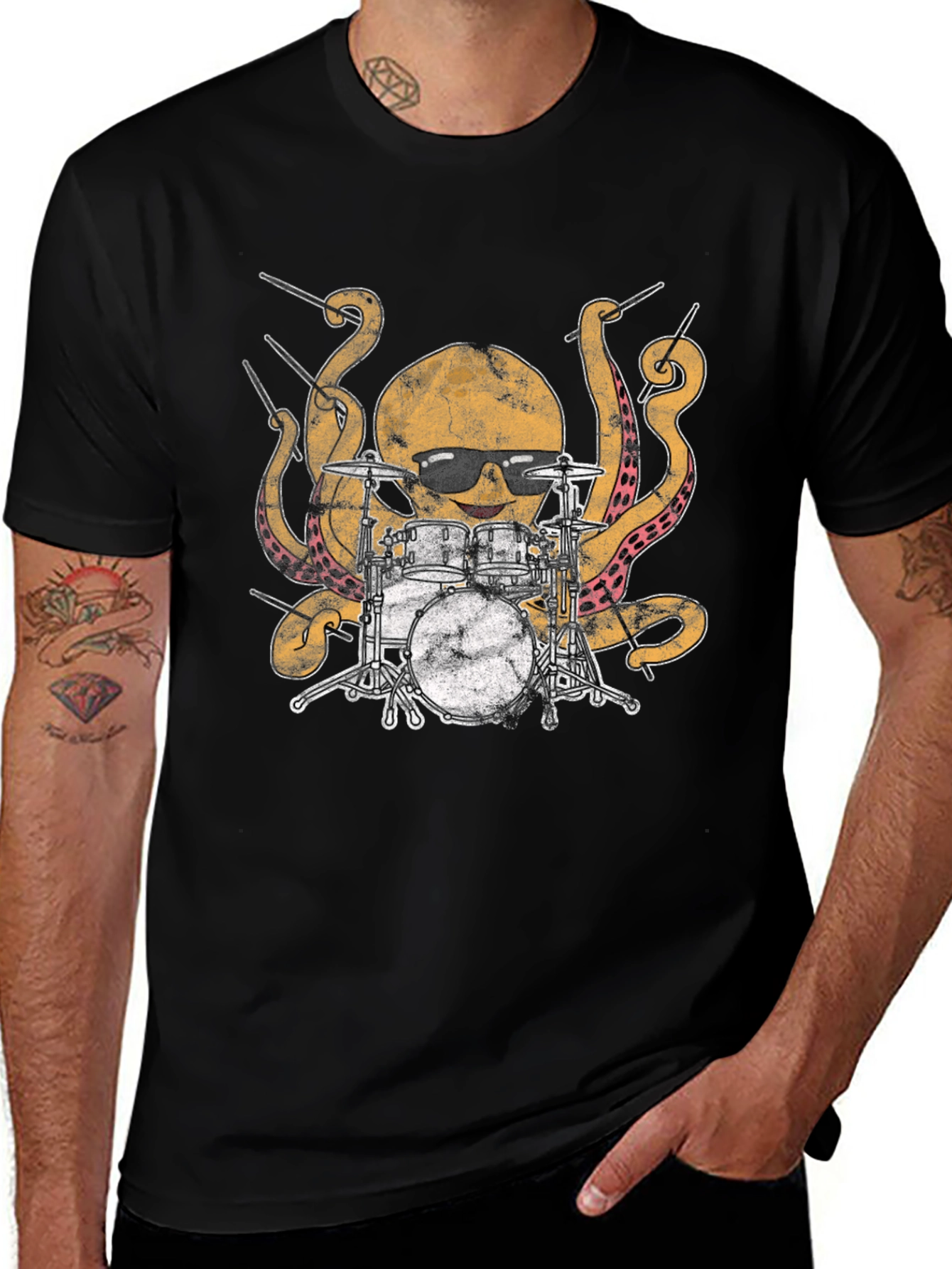 Octopus Drummer Graphic T-Shirt - Black