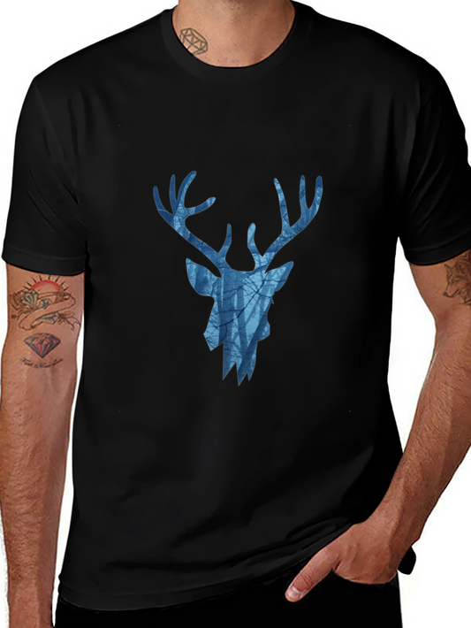 Blue Stag Graphic Print Black T-Shirt