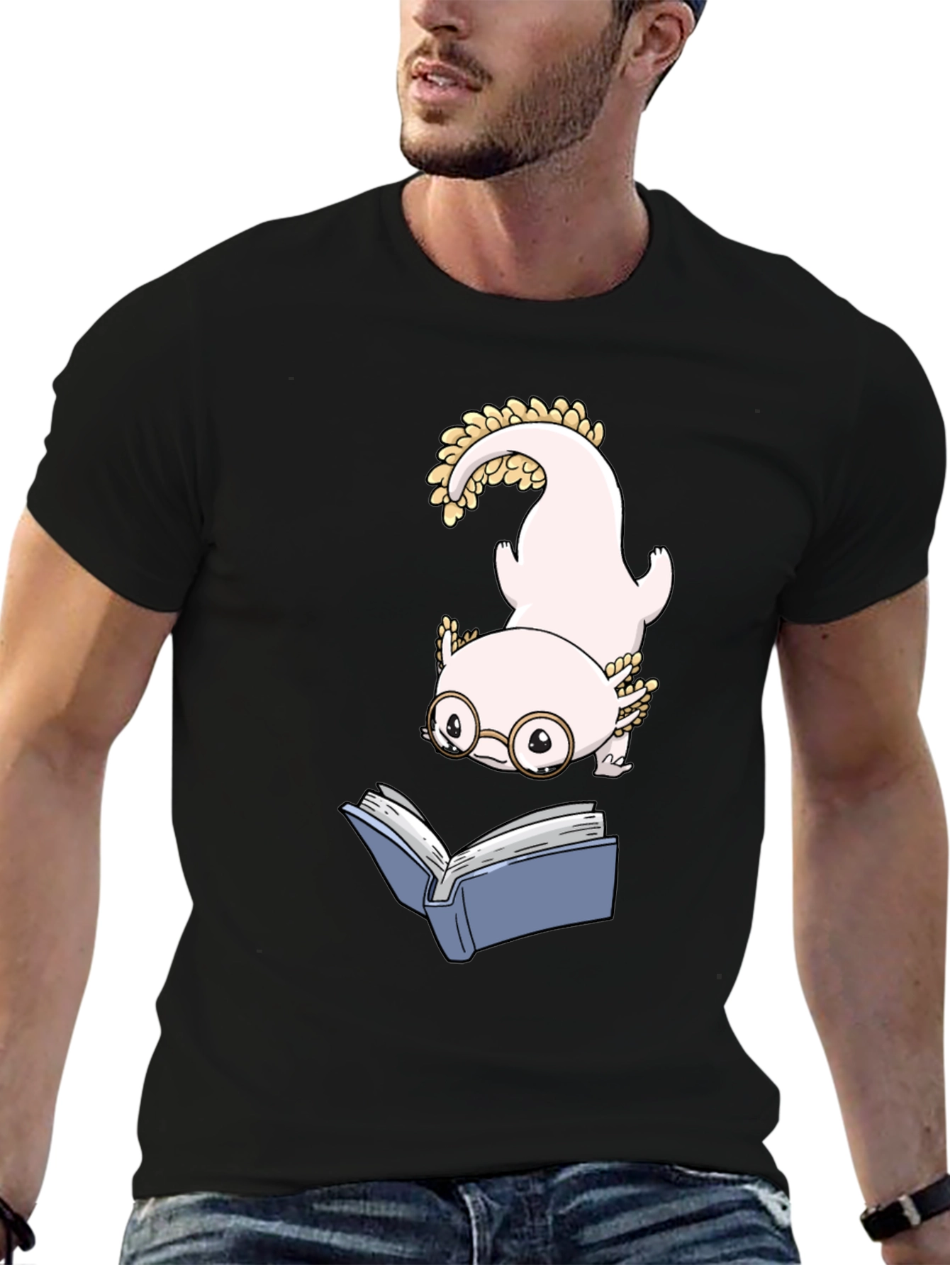 Axolotl Reading Book Black T-Shirt