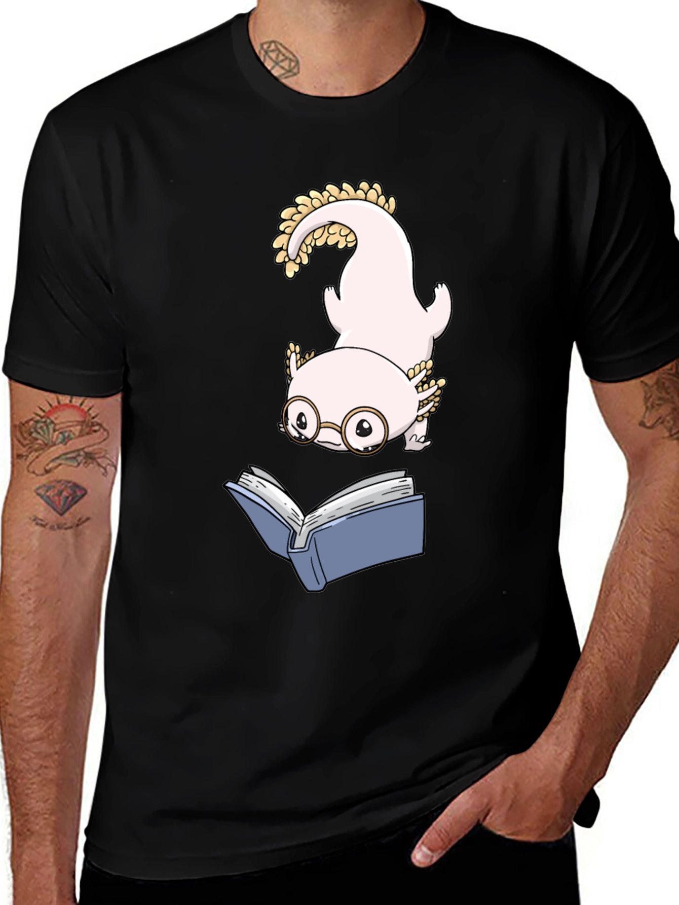 Axolotl Reading Book Black T-Shirt