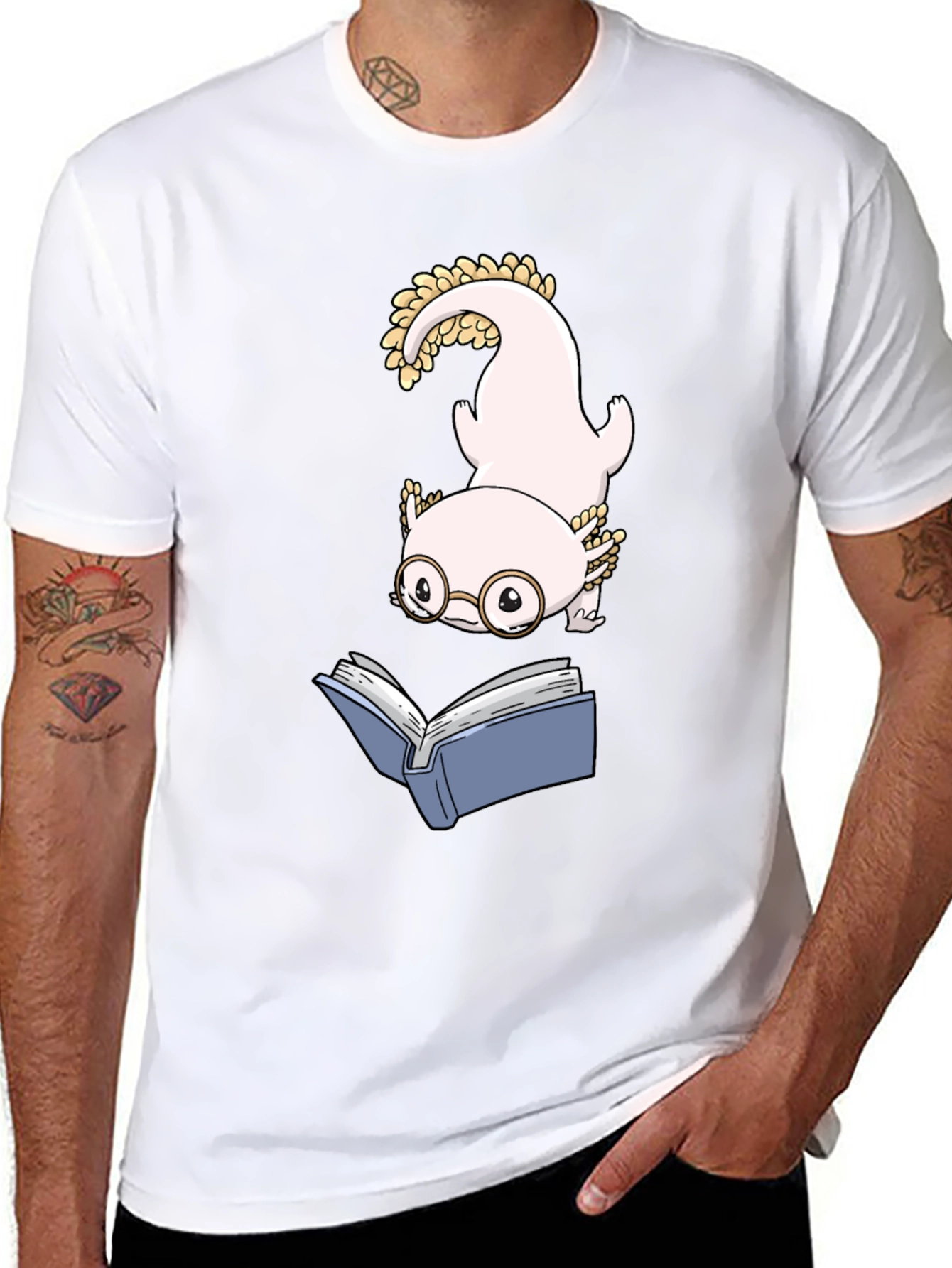 Axolotl Reading Book Black T-Shirt