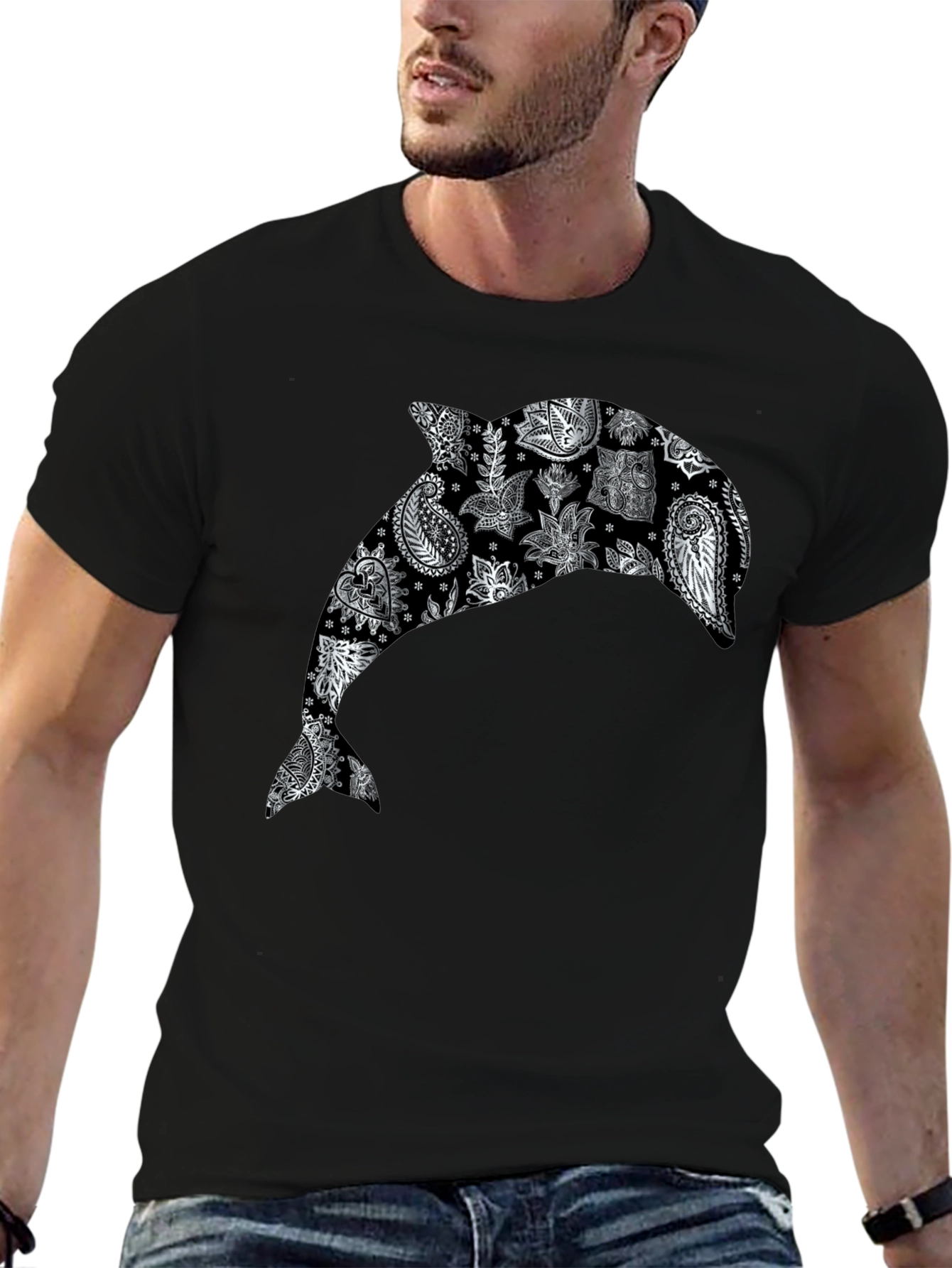 Dolphin Paisley Print Black T-Shirt