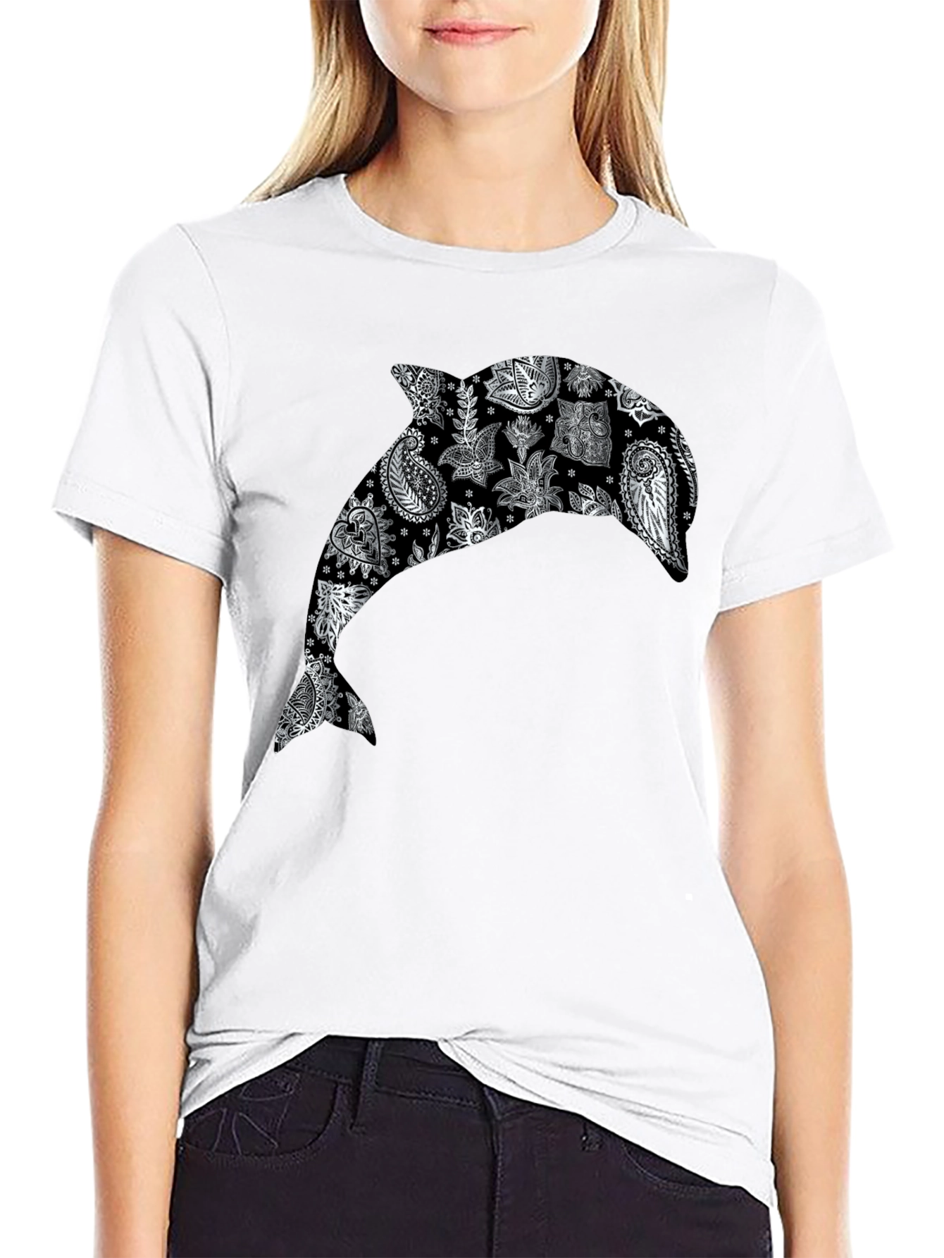Dolphin Paisley Print Black T-Shirt