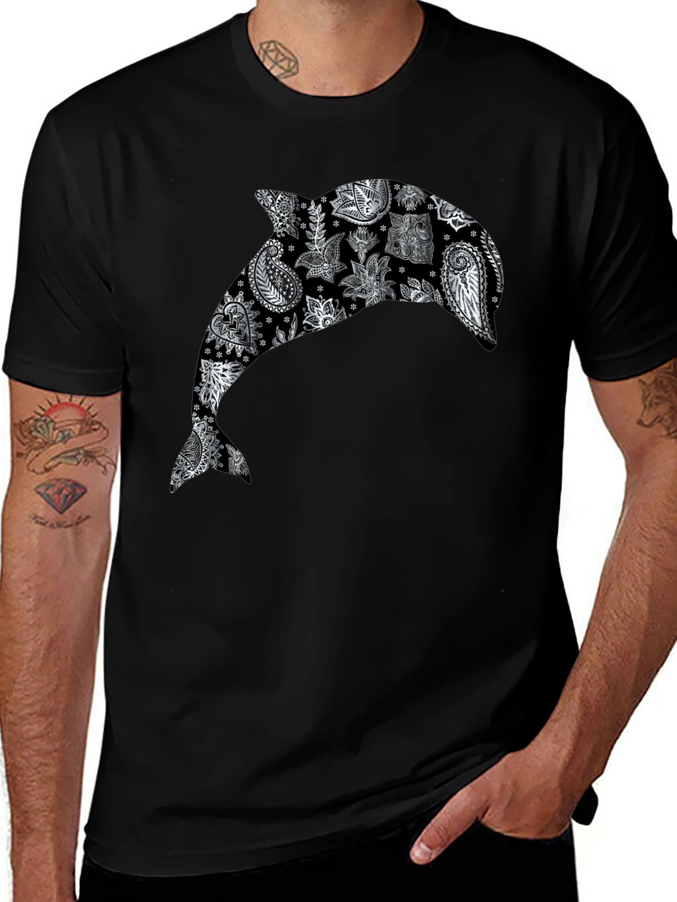 Dolphin Paisley Print Black T-Shirt
