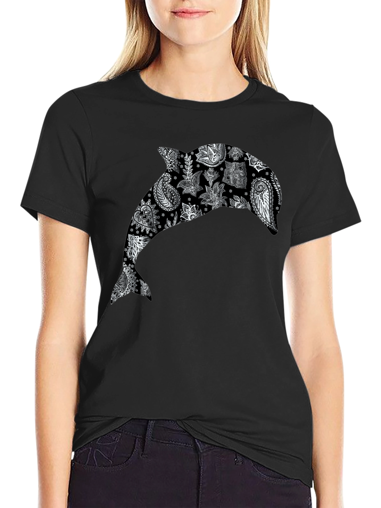 Dolphin Paisley Print Black T-Shirt