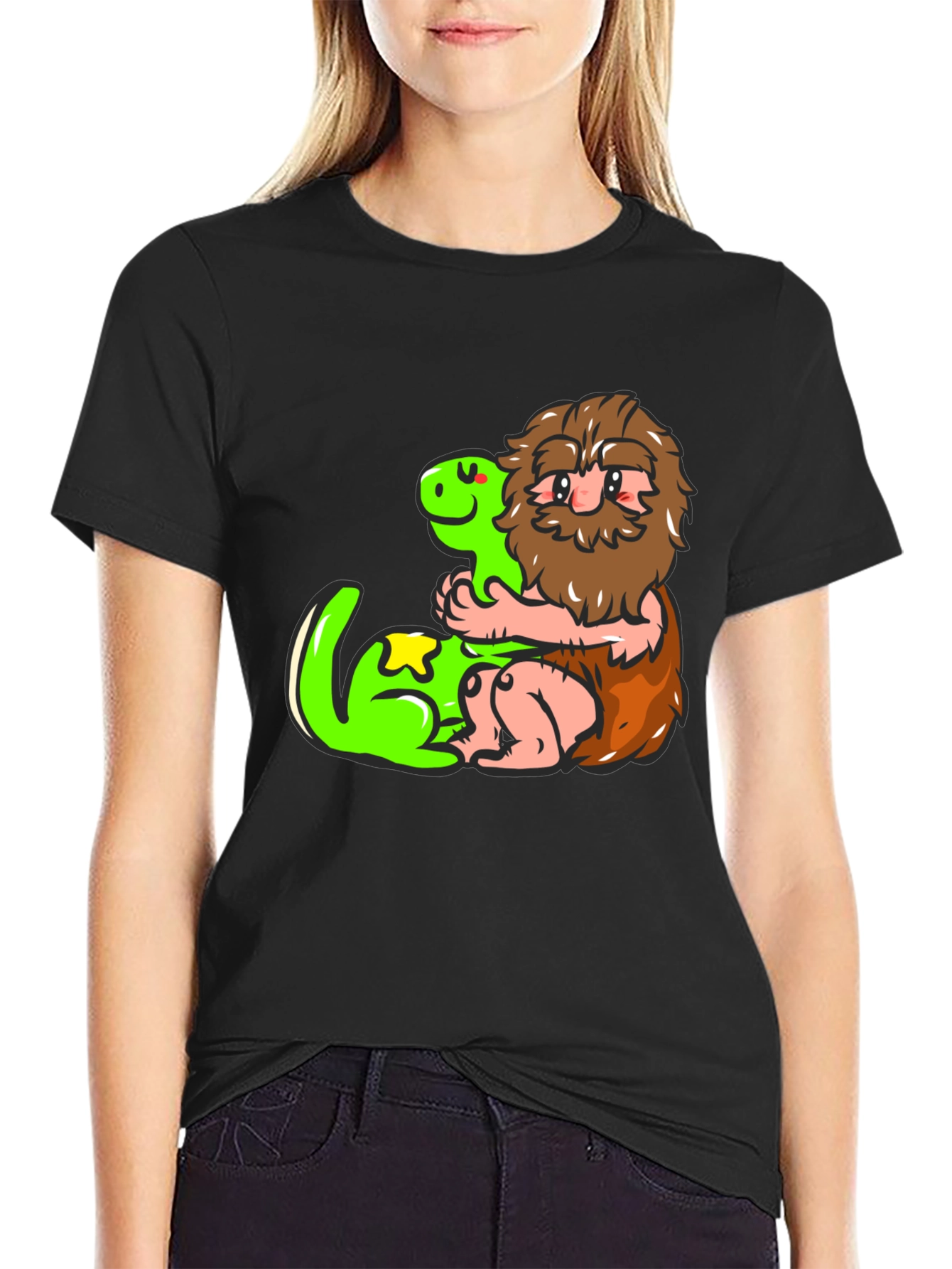 Caveman and Dino Black T-Shirt