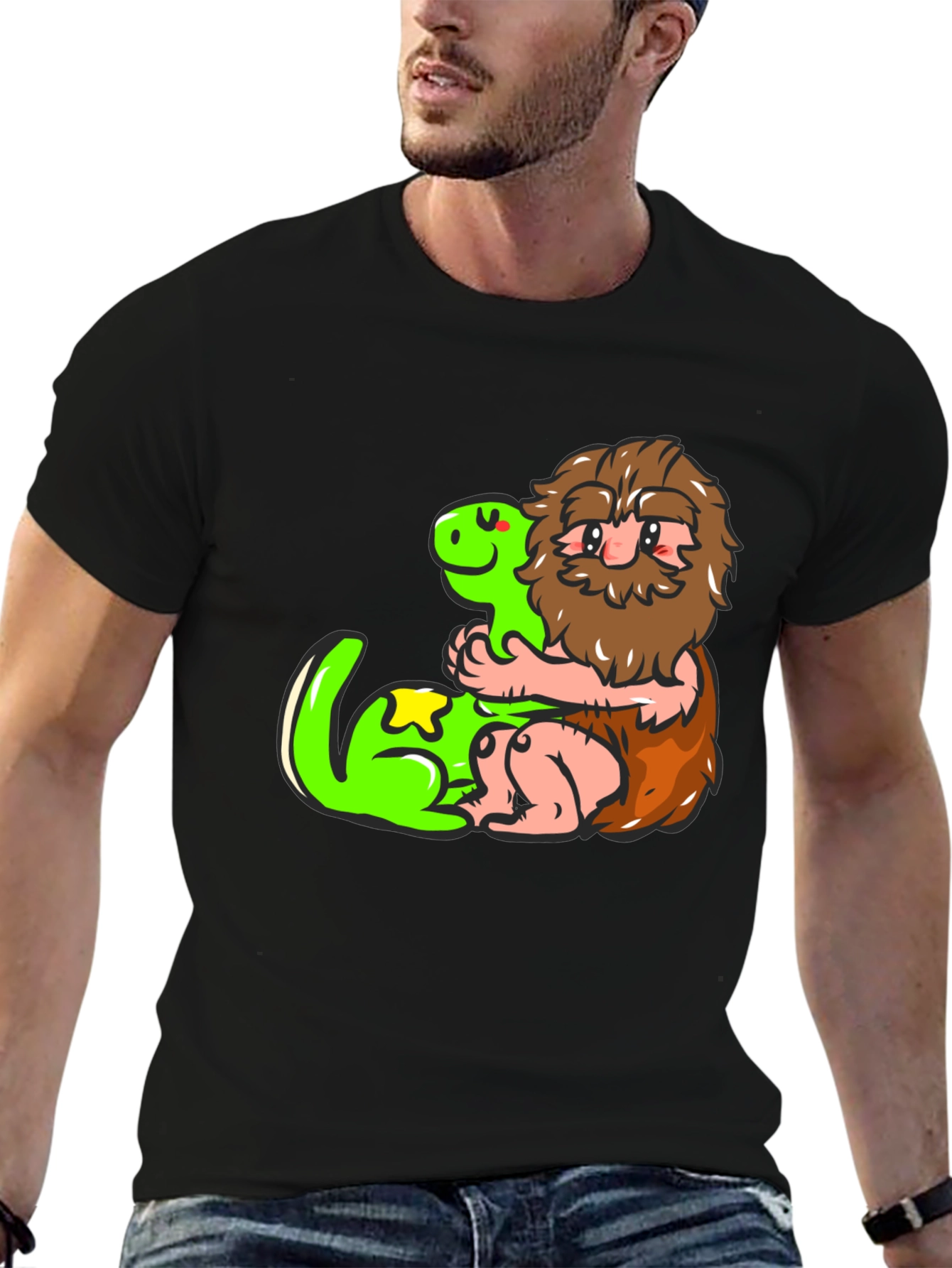 Caveman and Dino Black T-Shirt