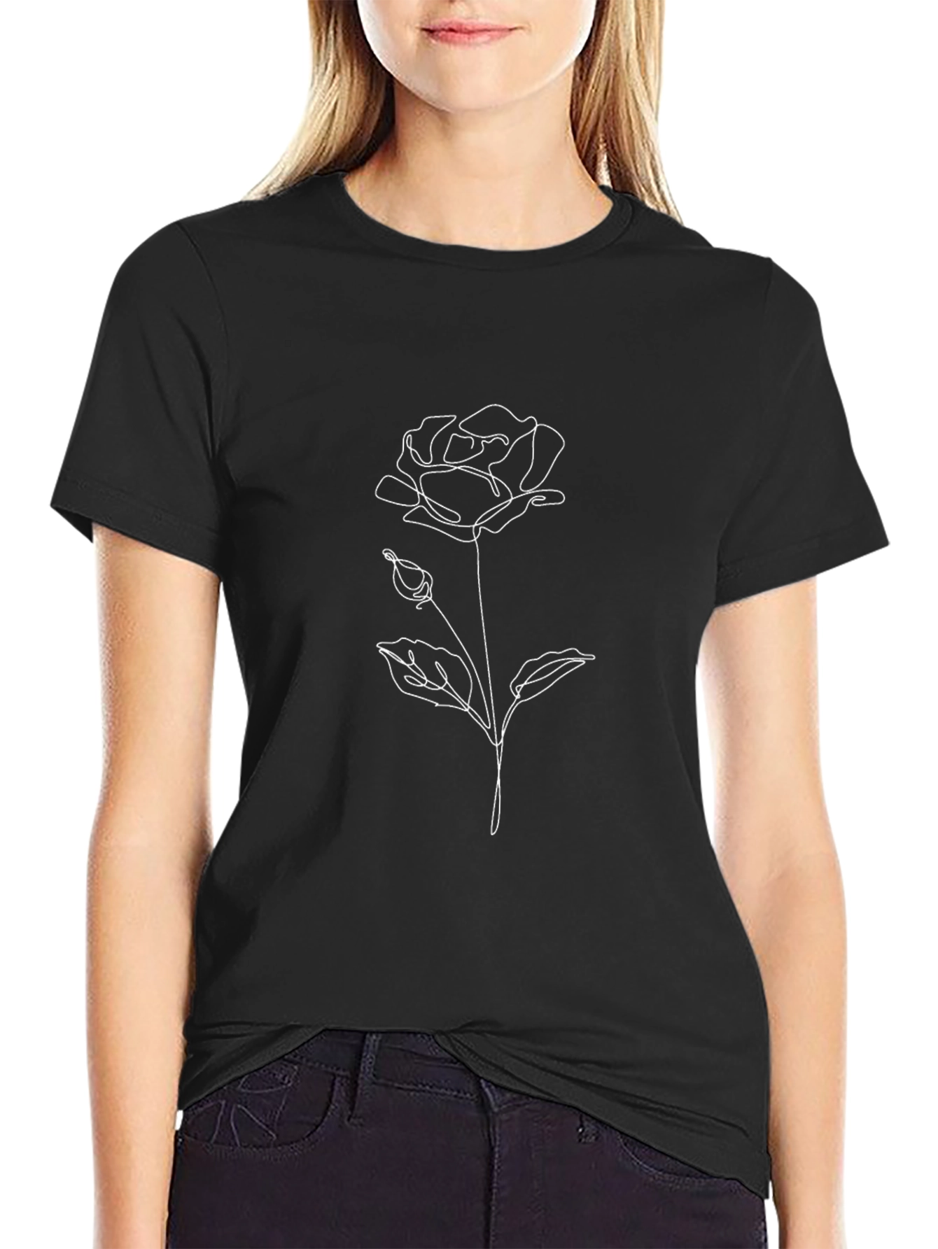 Minimalist Rose Line Art T-Shirt - Black