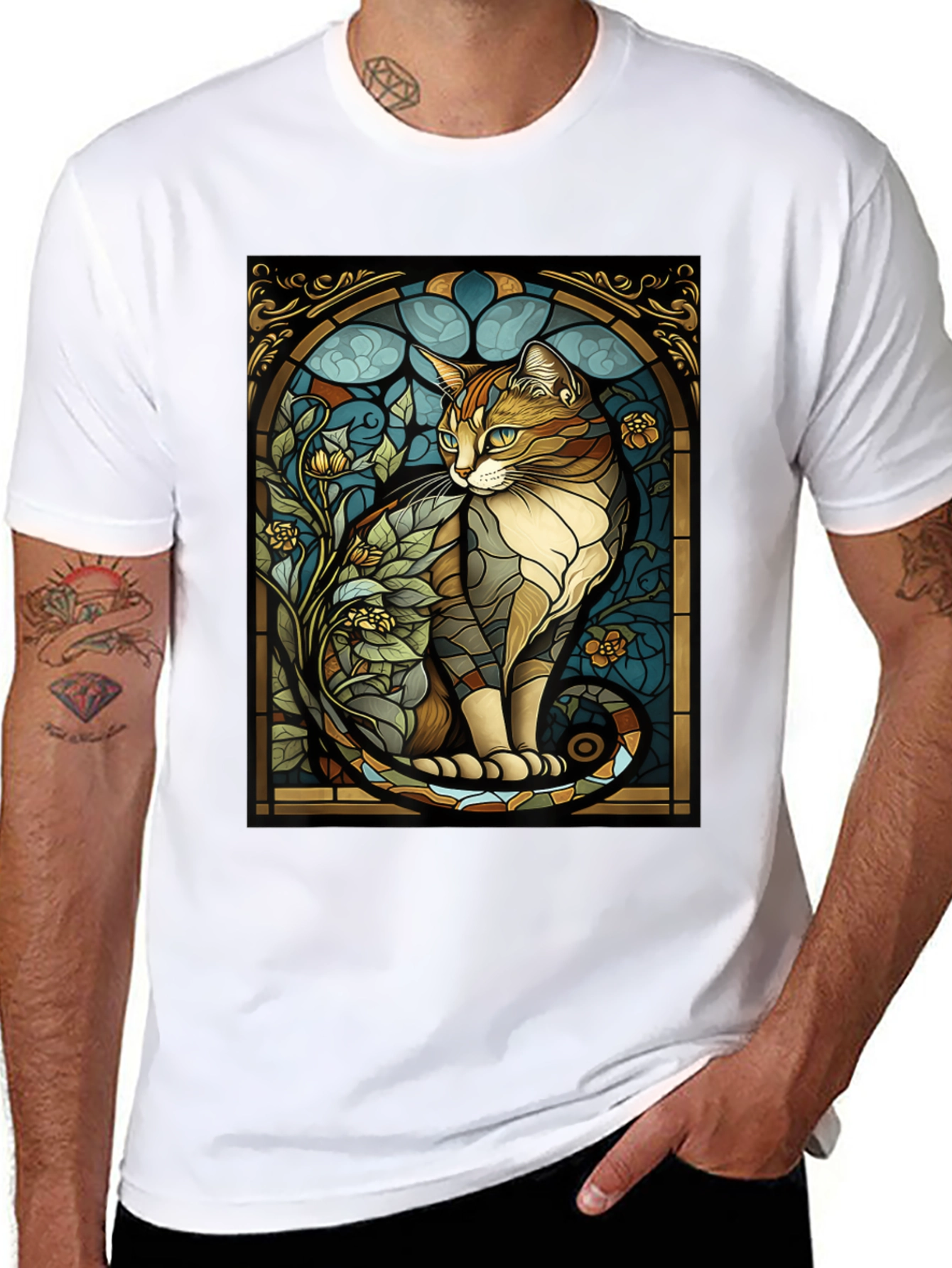 Stained Glass Cat Graphic Tee - Unique Design