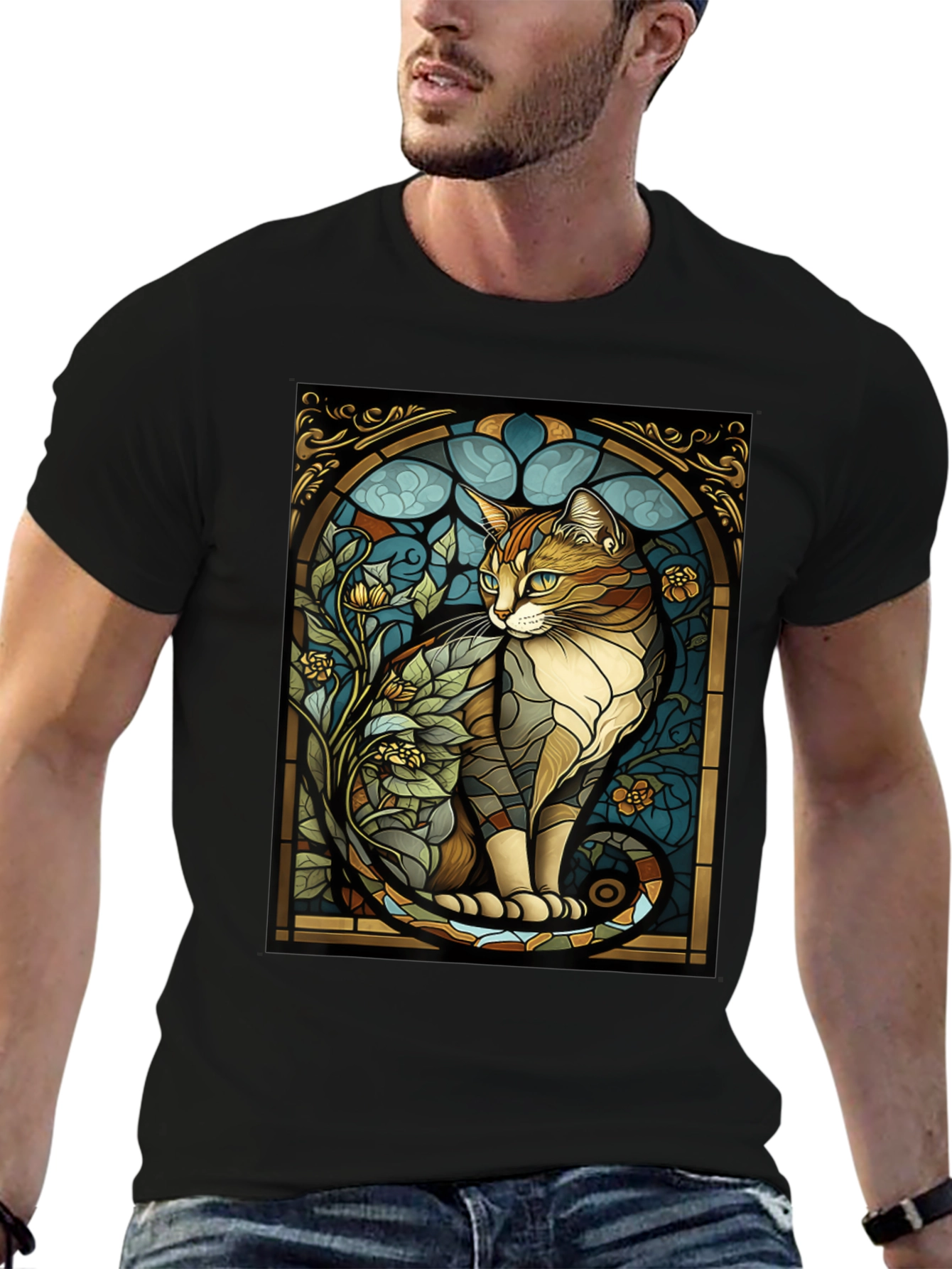 Stained Glass Cat Graphic Tee - Unique Design