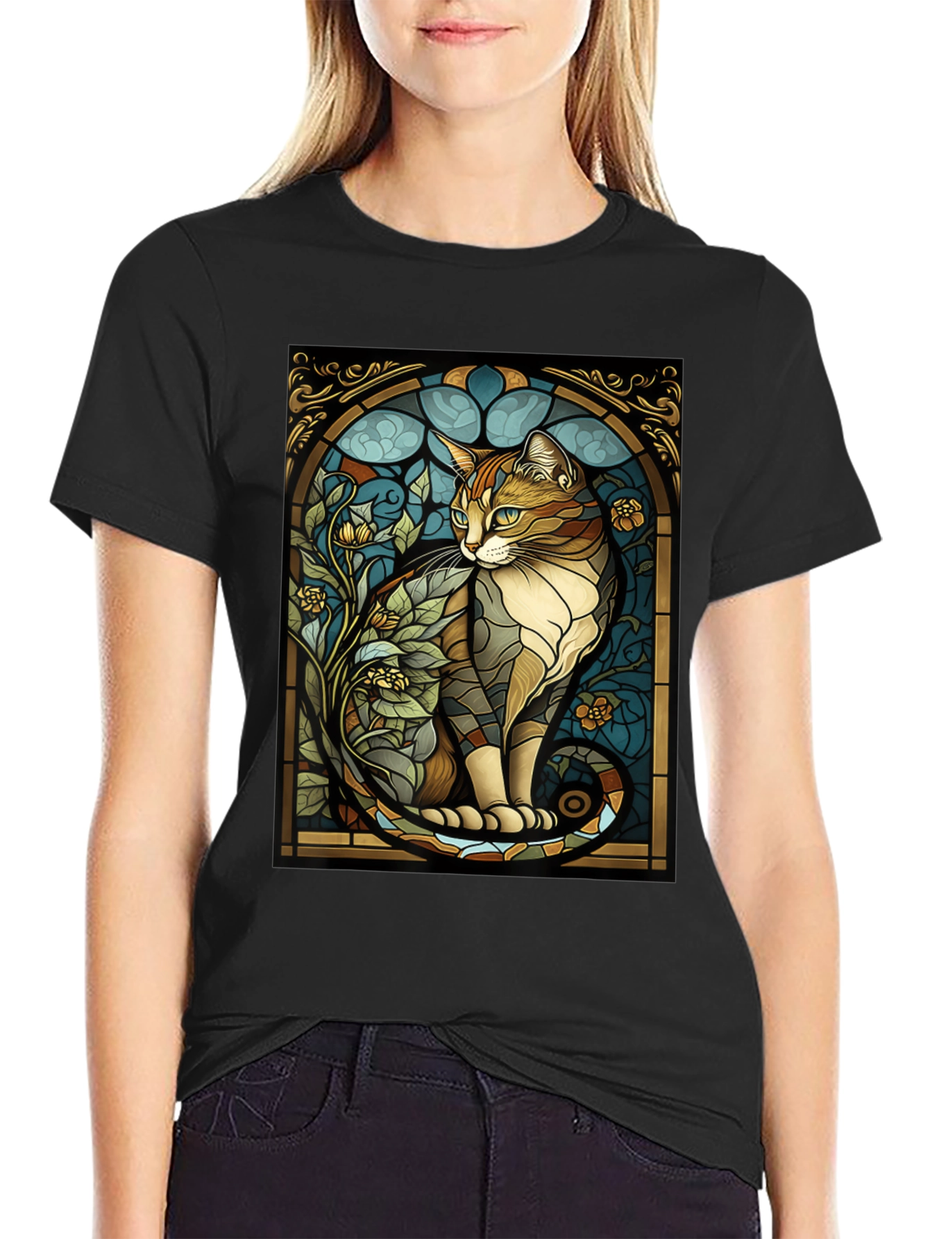 Stained Glass Cat Graphic Tee - Unique Design