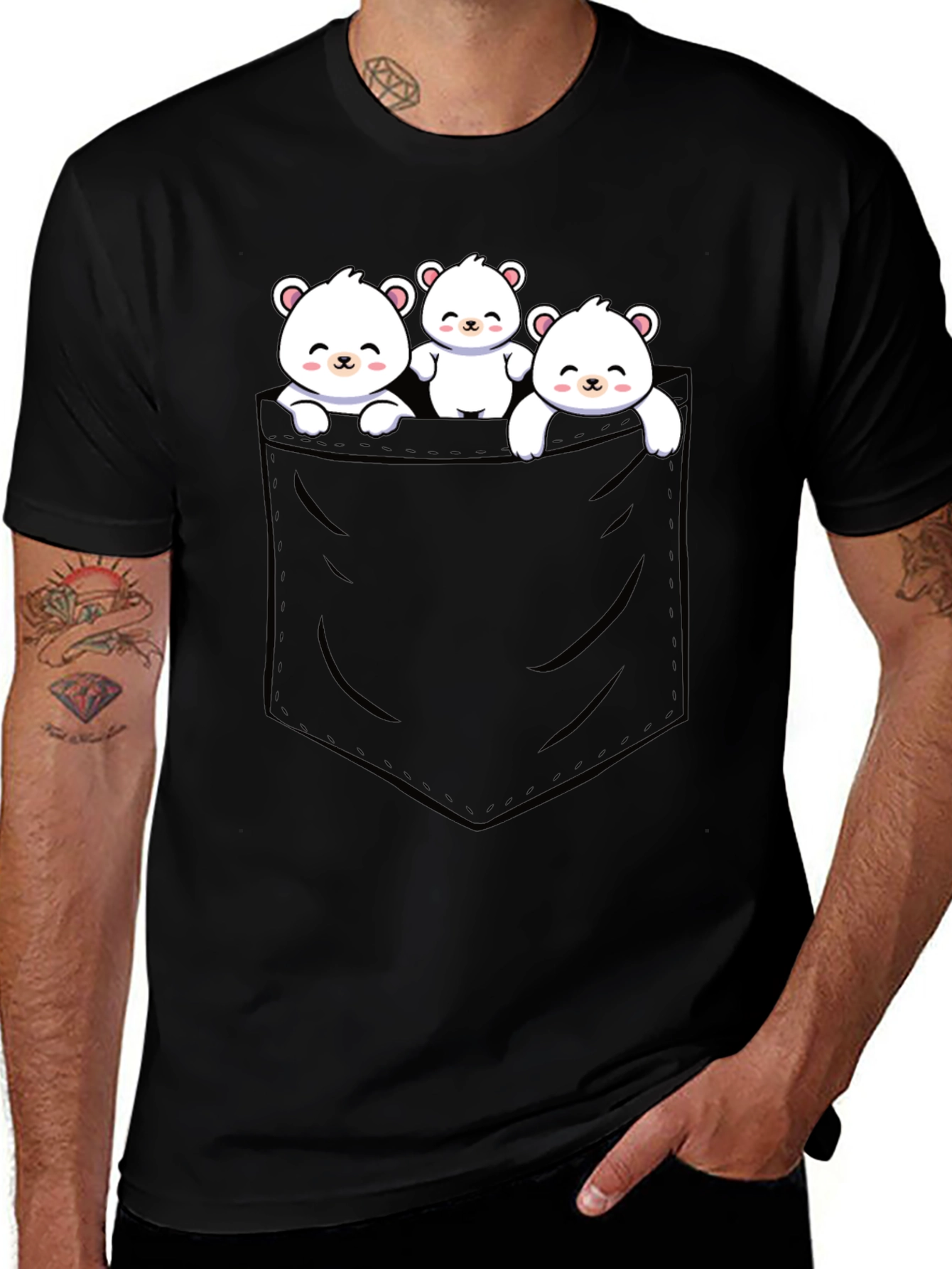 Cute Bear Pocket T-Shirt - Black Cotton Blend