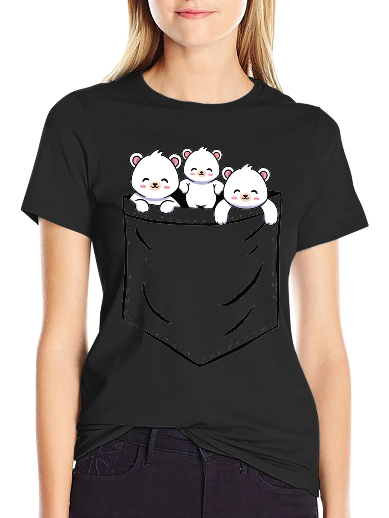 Cute Bear Pocket T-Shirt - Black Cotton Blend