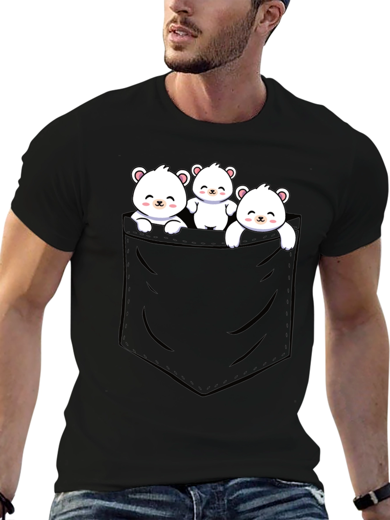 Cute Bear Pocket T-Shirt - Black Cotton Blend