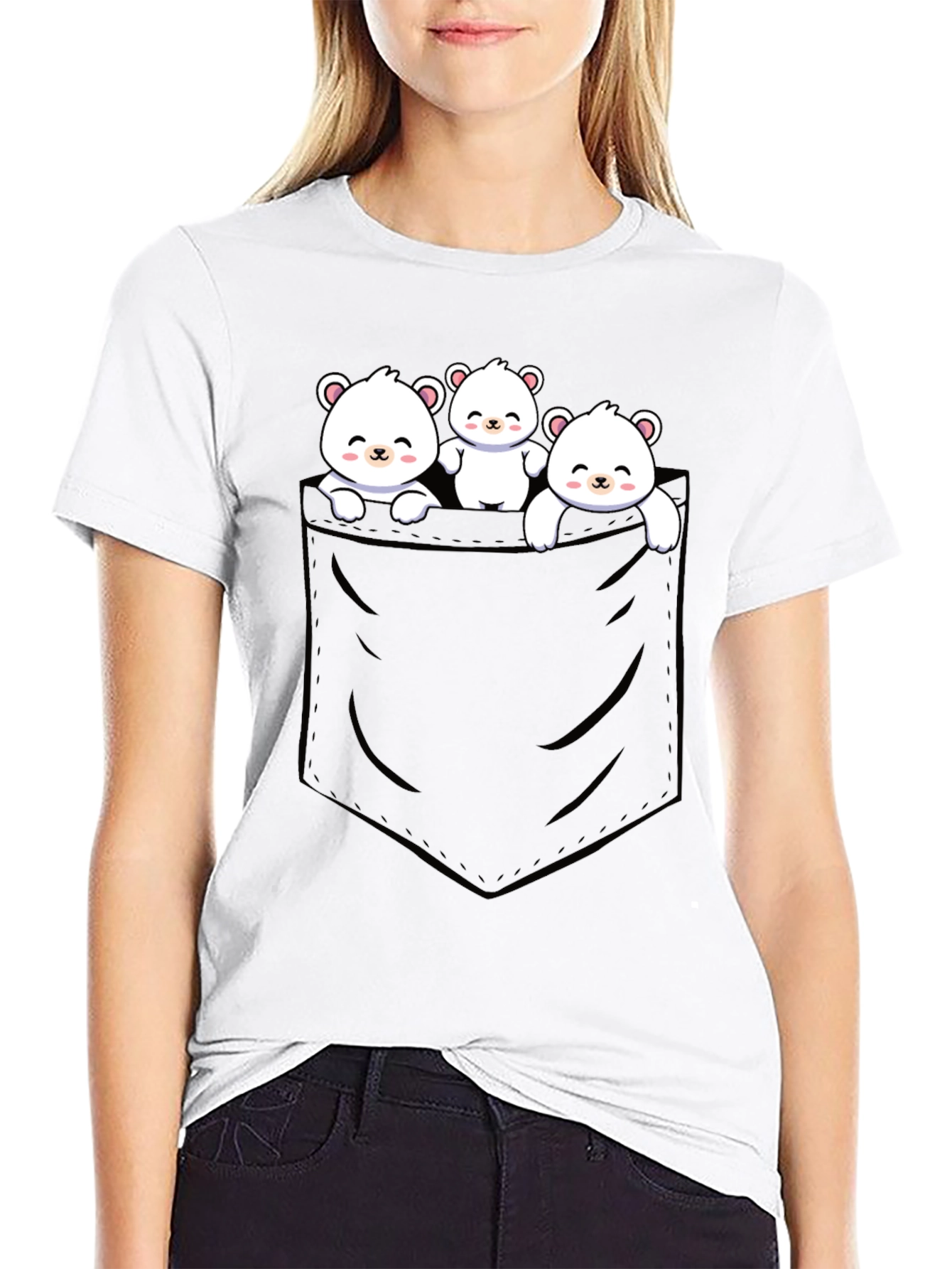 Cute Bear Pocket T-Shirt - Black Cotton Blend