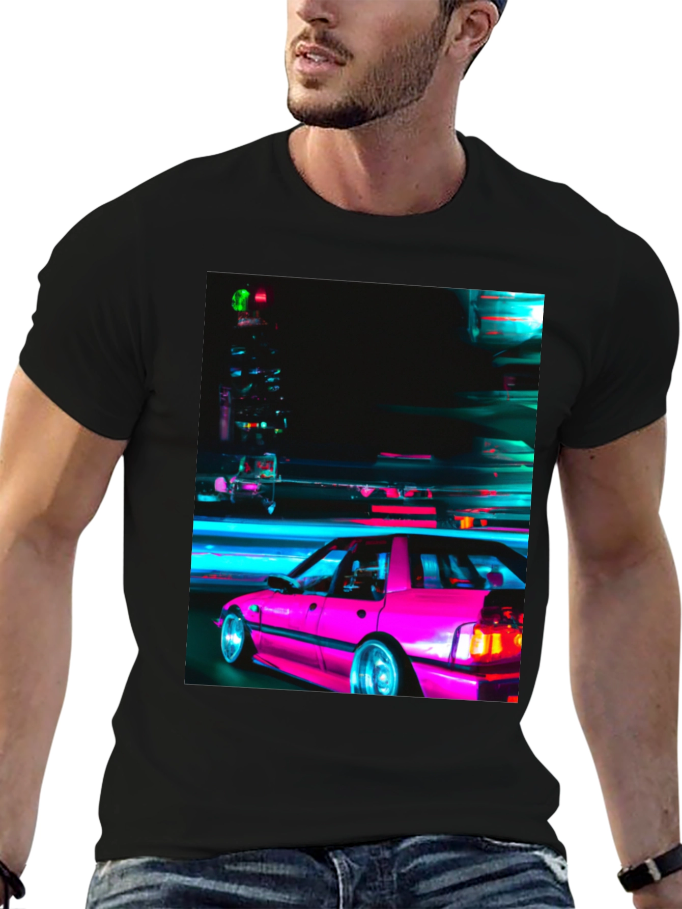 Retro Pink Car T-Shirt - Black Graphic Tee